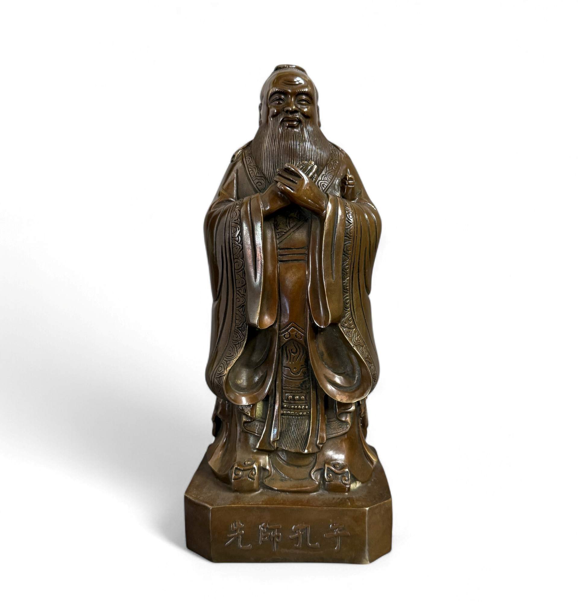 Konfuzius Skulptur aus China - Bronzefigur mit Schriftzeichen