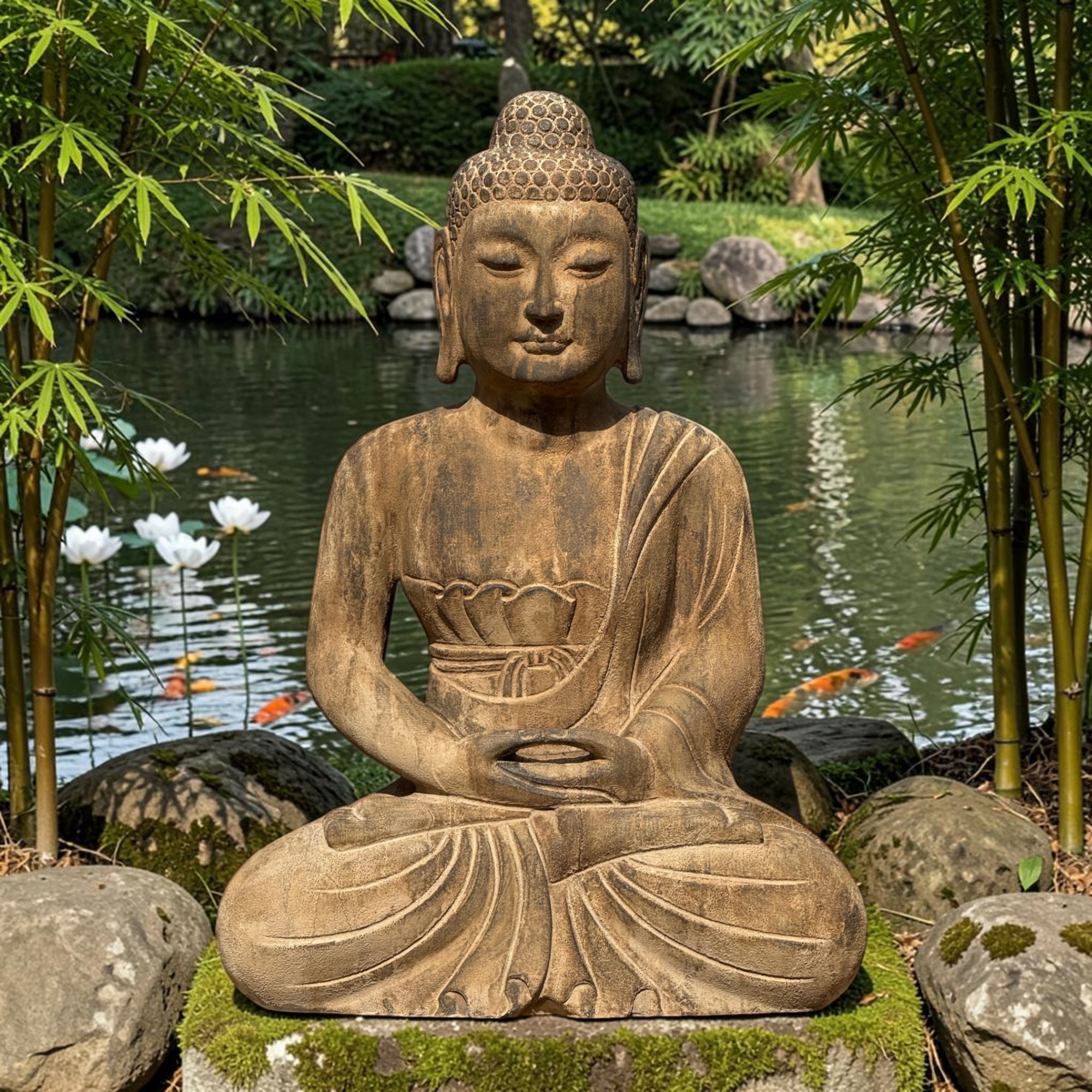 Garten Buddha Skulptur Naturstein Kalkstein meditierend 60cm