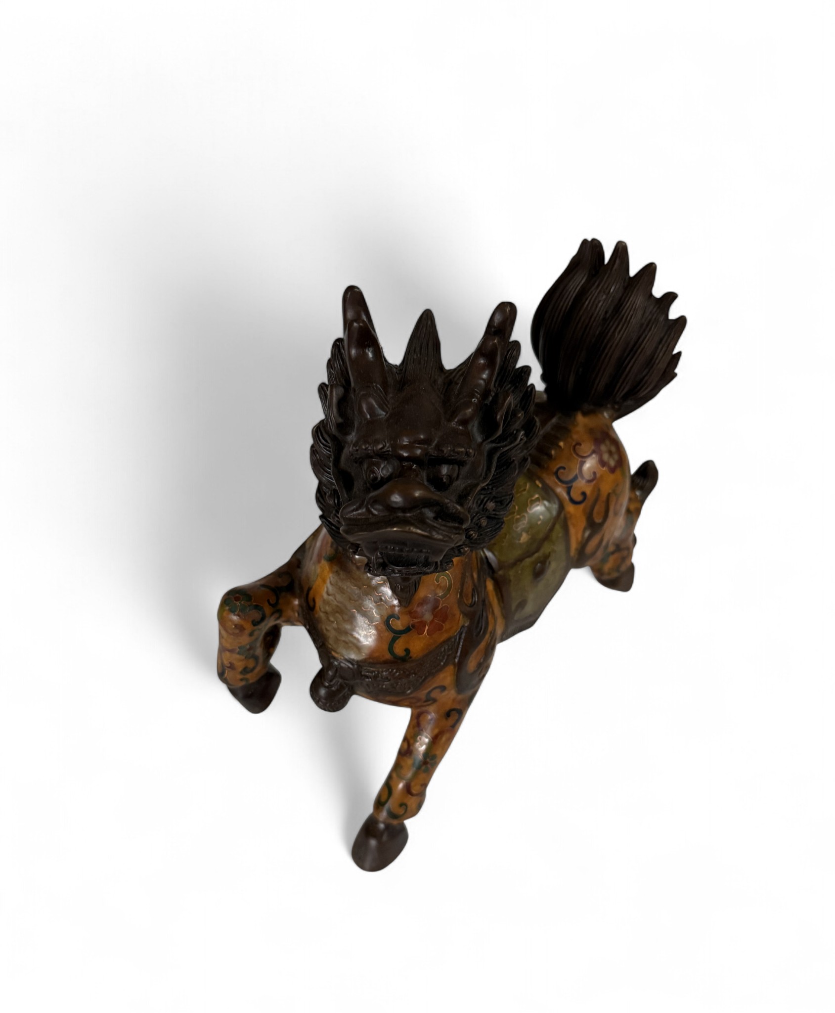 Qilin Cloisonné Bronze Figur – Glücksdrache & Wächterlöwe – Antikmarkt China/Tibet (Sichuan) – 24,5 cm