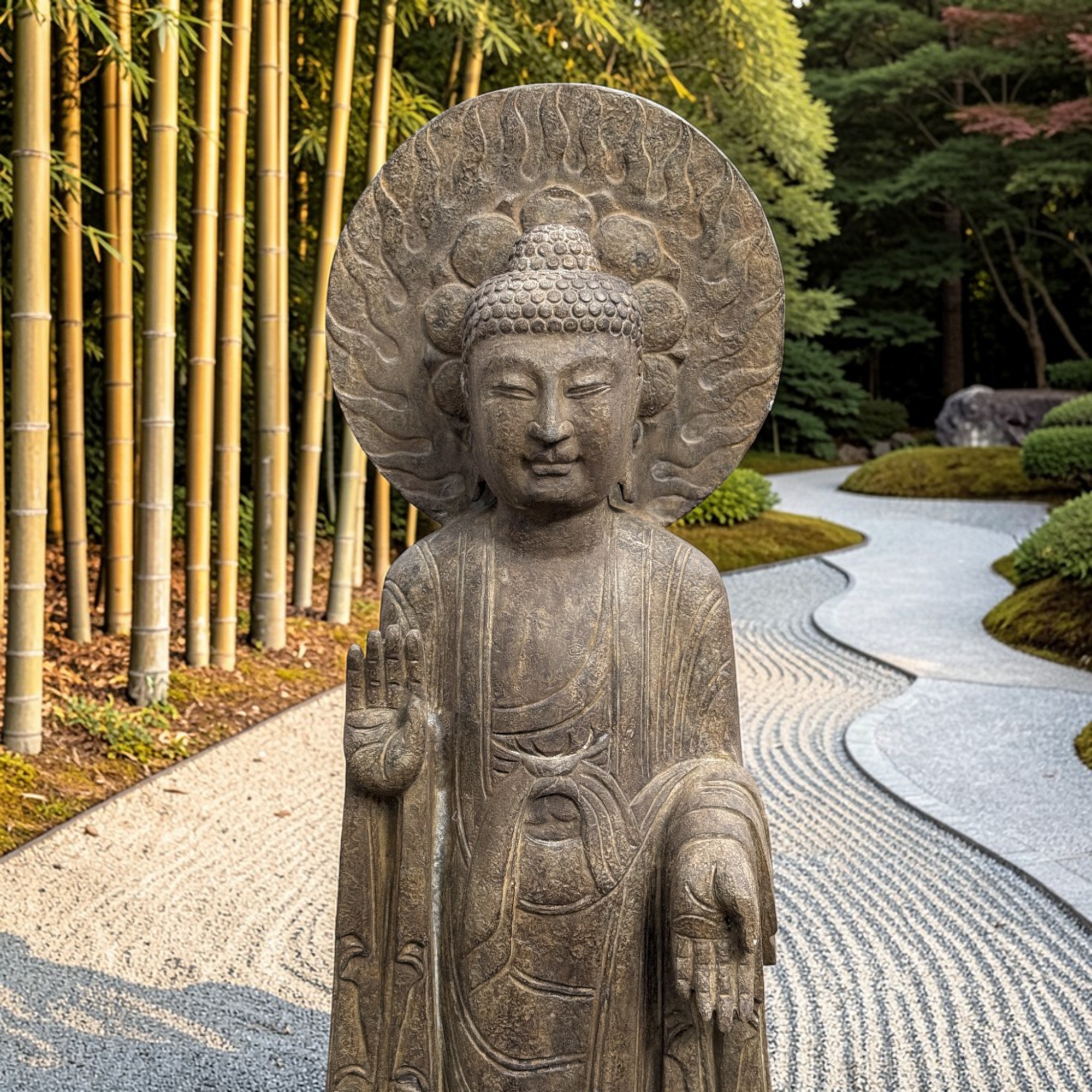 Garten Buddha Statue Naturstein Skulptur mit Aureole