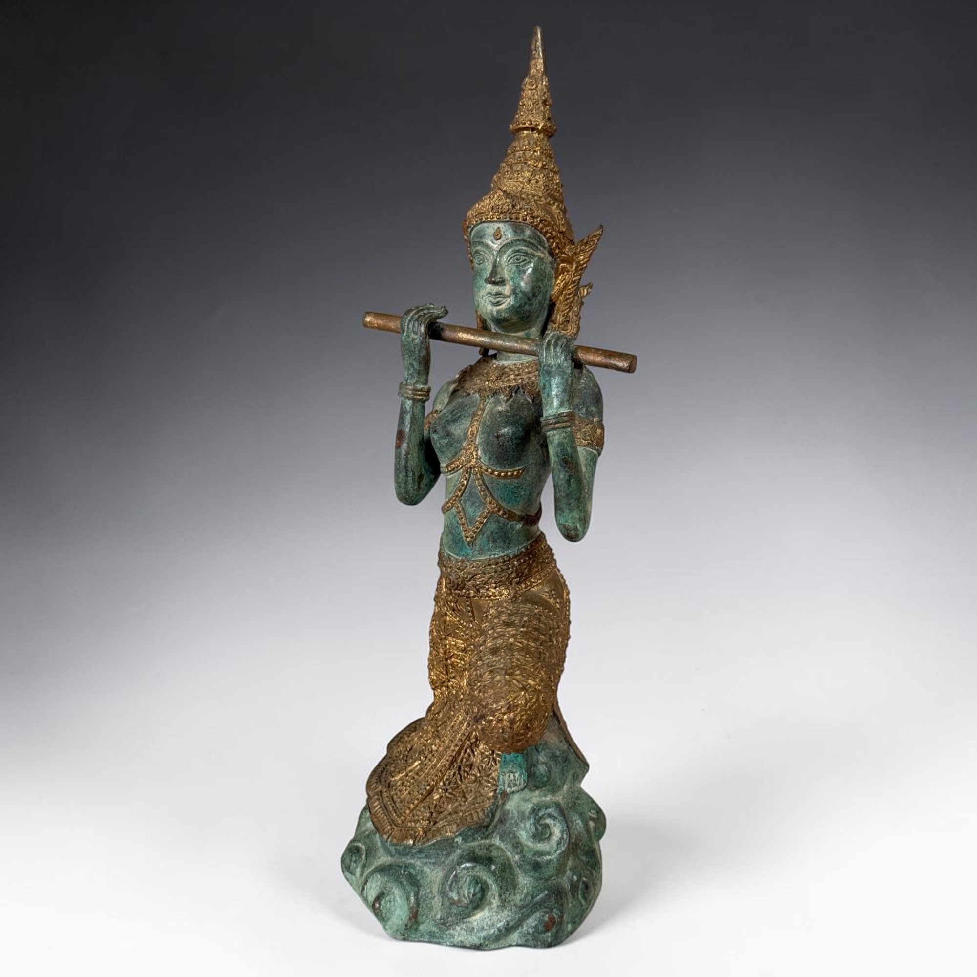 Thailändischer Prinz Bronze Figur mit Flöte | 40,5cm Phra Aphai Mani | Alt Unikat