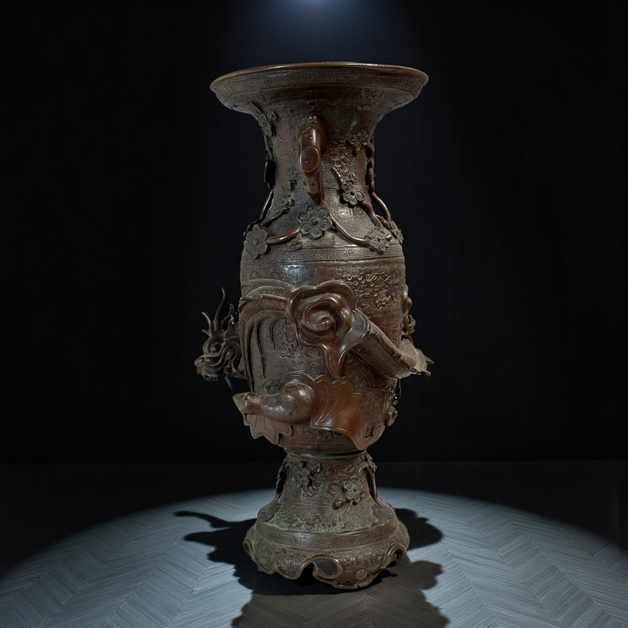Alte China Bronze Vase Drache Fledermaus: Chinesische Prunkvase Alt 42cm