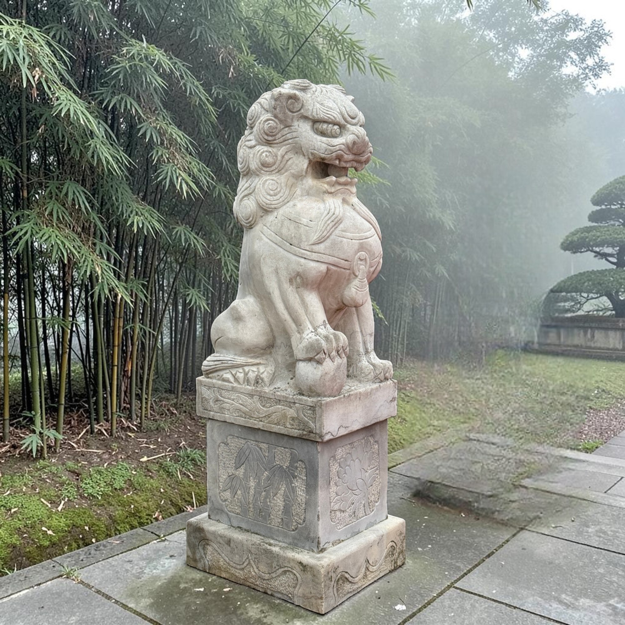 Fu-Hunde 150cm: Paar alte chinesische Wächterlöwen aus Stein für den Asia Garten