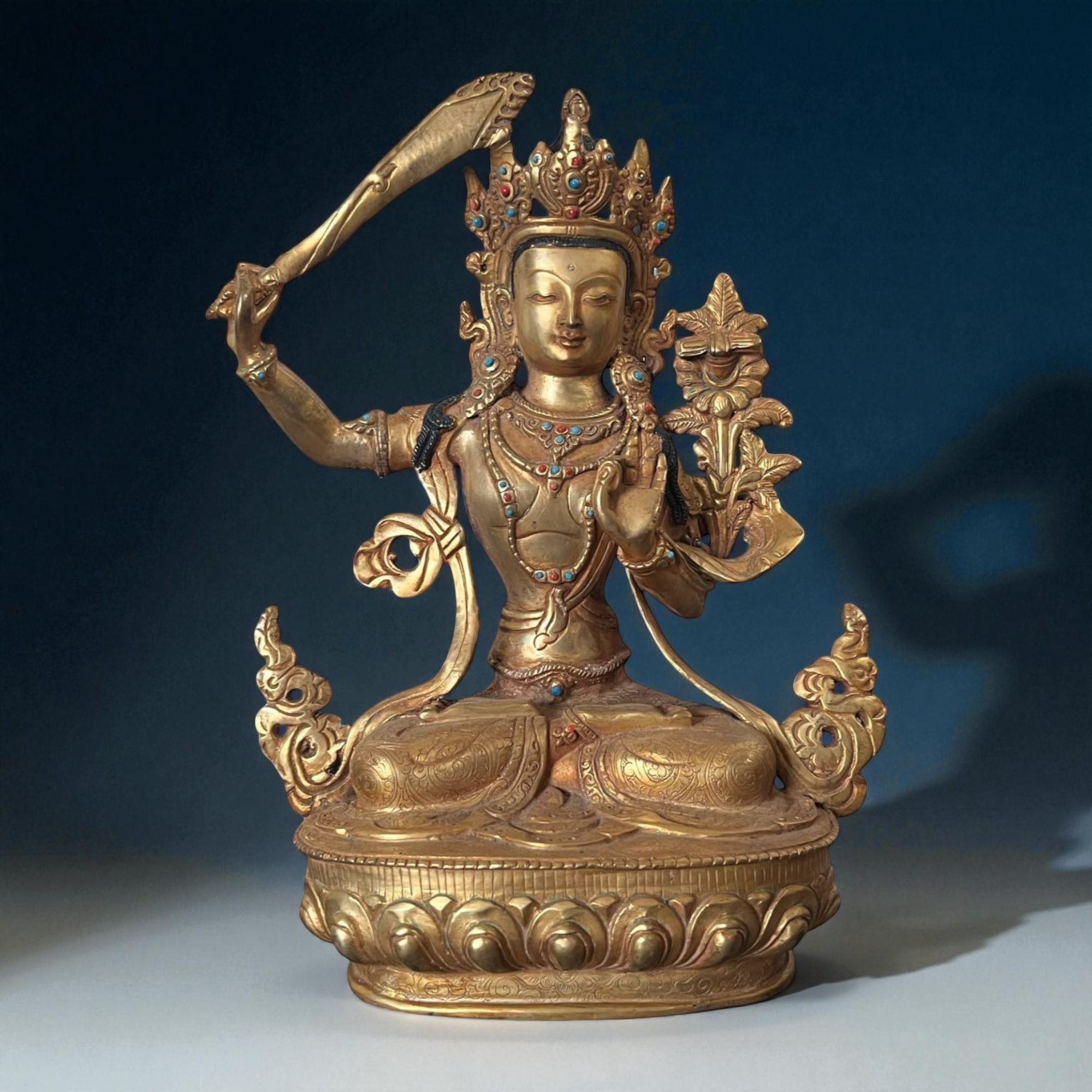Manjushri Bronze Figur vergoldet Nepal - 31,5cm