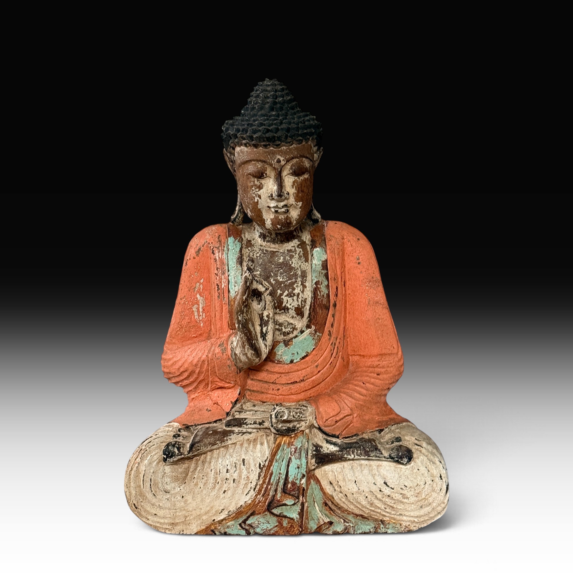 Vintage Buddha Figur aus Suarholz, bemalt, Vitarka Mudra, 50 cm – Indonesien