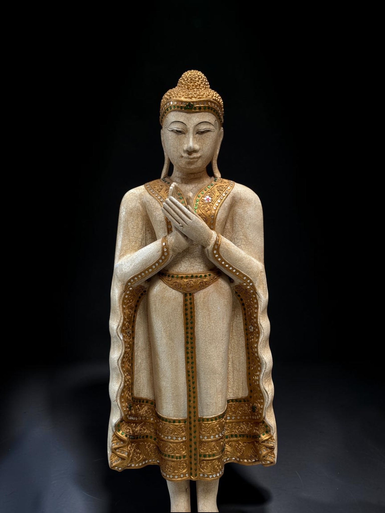 Thailändische Holz Buddha Figur 116 cm – Dharmachakra Mudra Skulptur groß