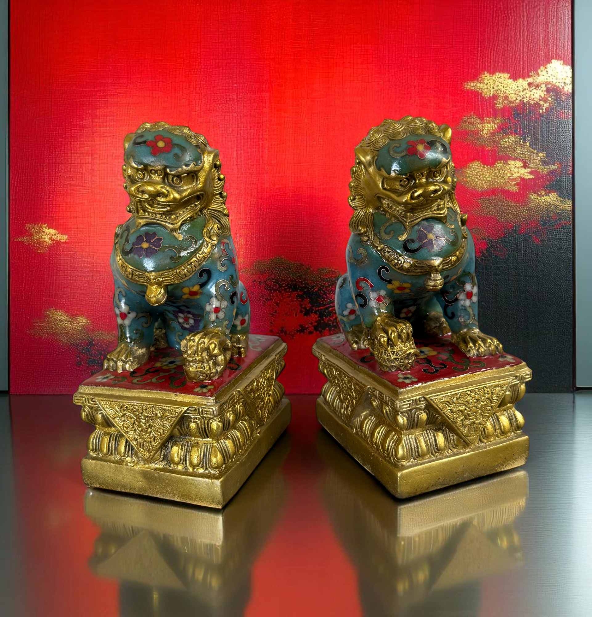 Chinesische Wächterlöwen Bronze Skulpturen Cloisonne Figuren