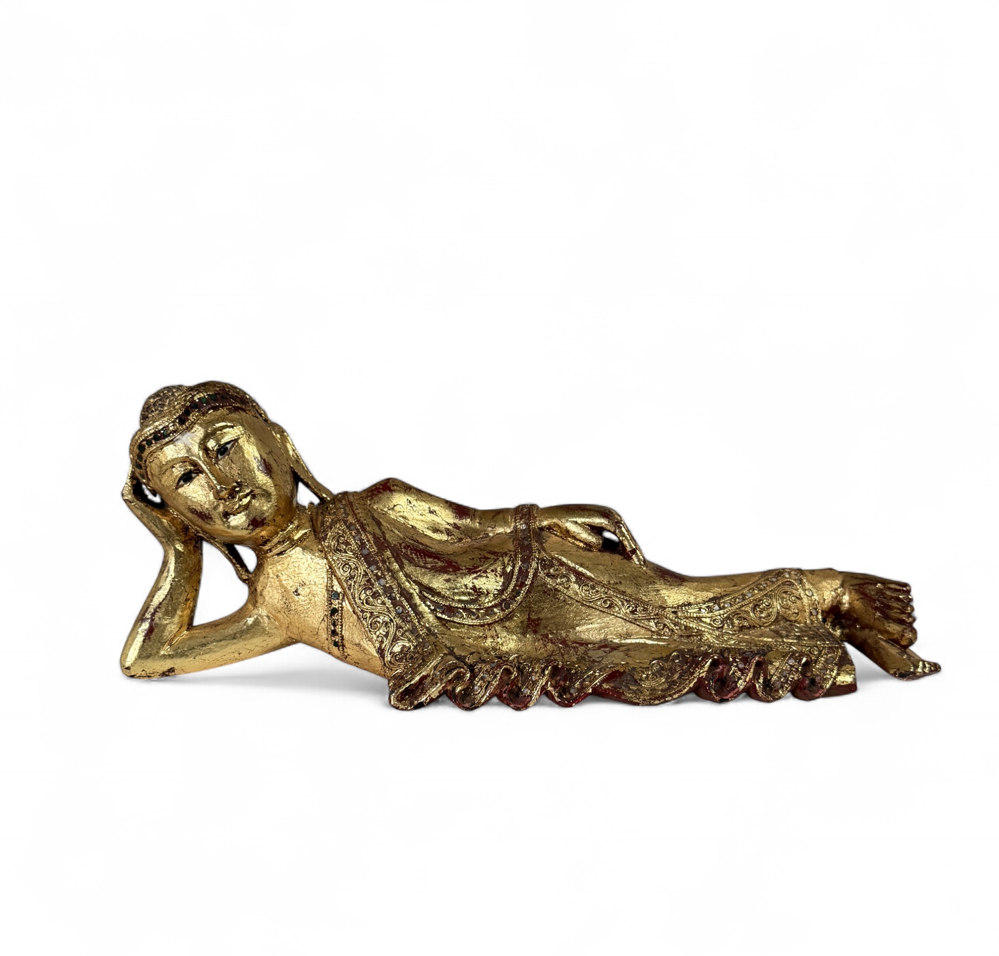 Nirvana Holz Buddha Figur aus Thailand, blattvergoldet