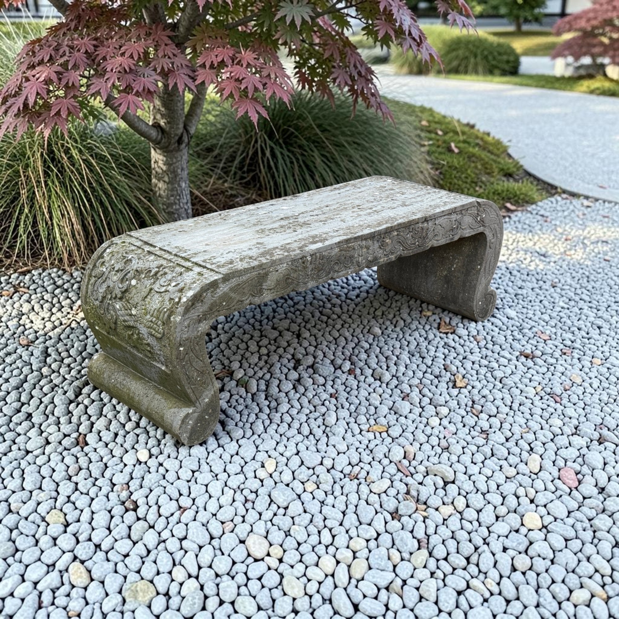 Bluestone Opiumbank mit Phönix-Relief – Alte Naturstein Gartenbank 120 cm