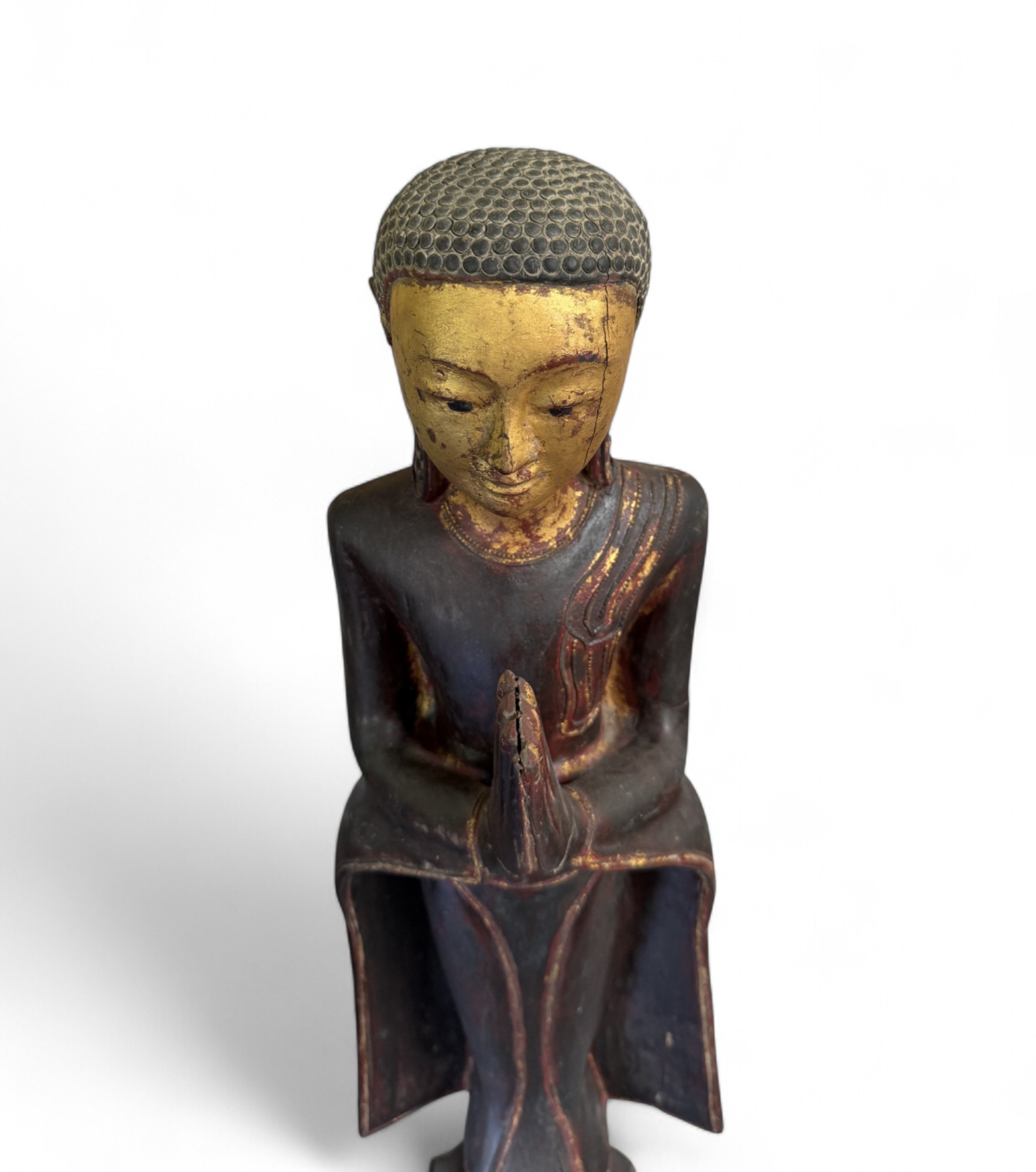 Buddha Adorant aus Burma – Teakholz, ca. 1900, vergoldet, 90 cm