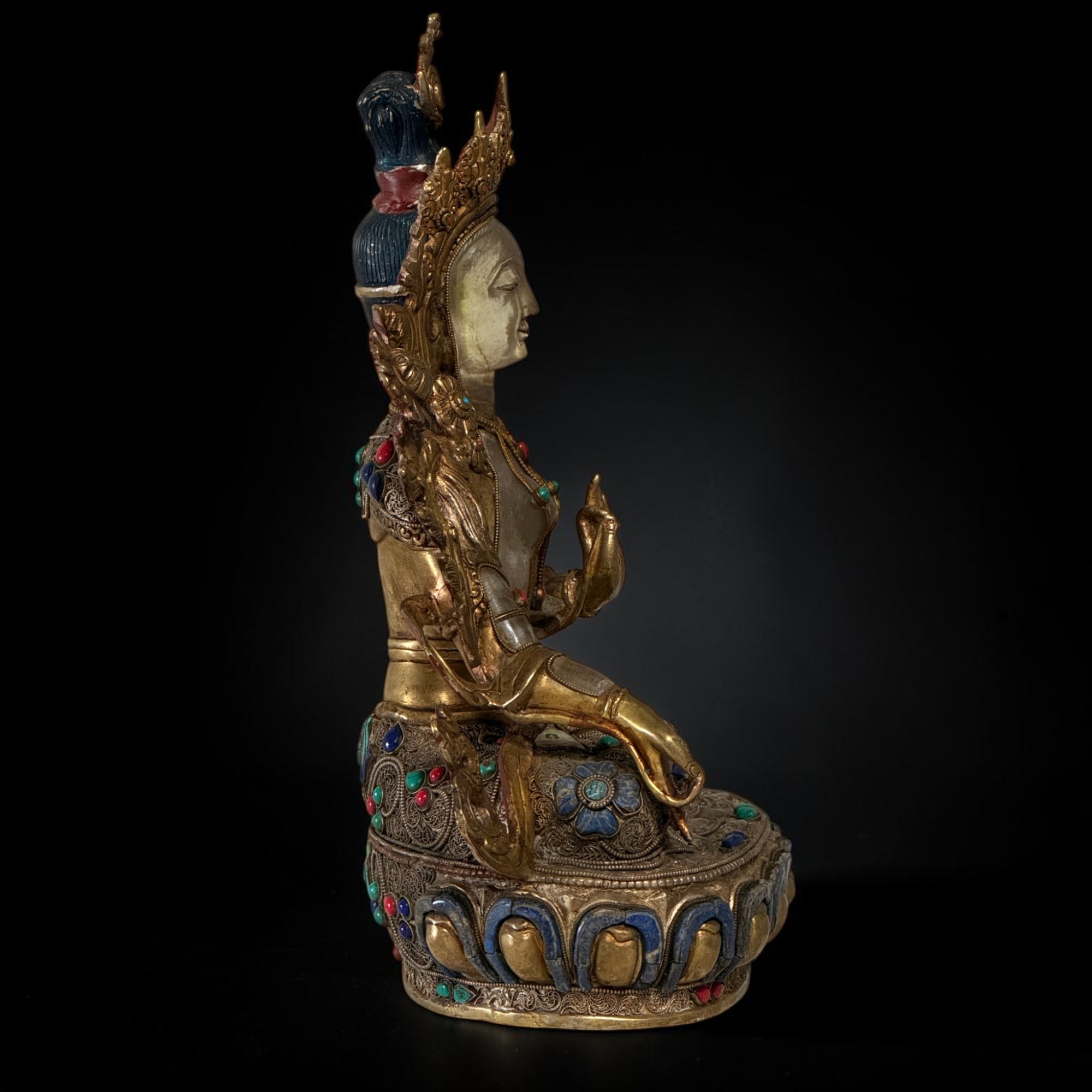 Weiße Tara Bronze Figur Statue Nepal vergoldet mit Edelsteinen 34cm
