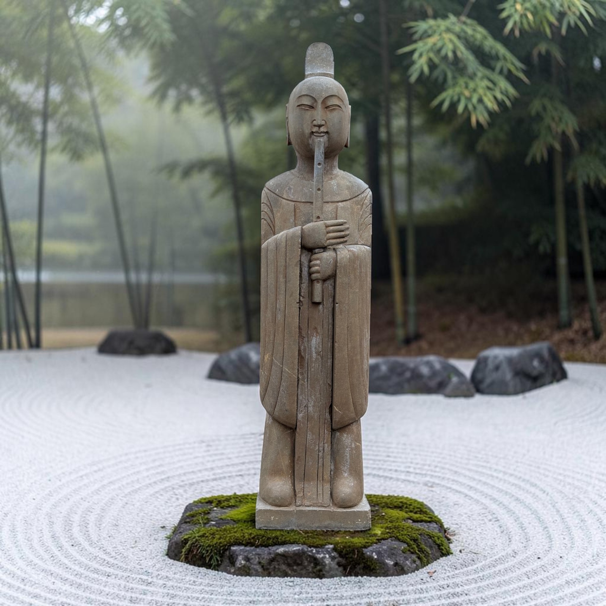 Chinesischer Gelehrter mit Bambusflöte Naturstein Garten Statue 121cm
