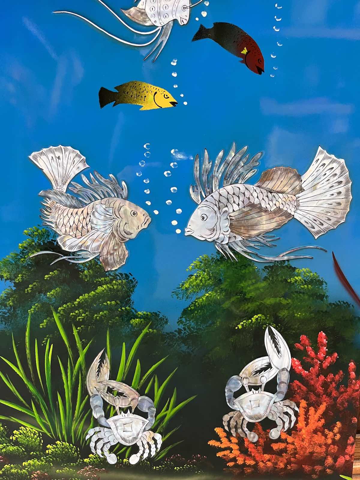 Asiatisches Wandbild Holz Lackbild Perlmutt mit Fische 100 cm