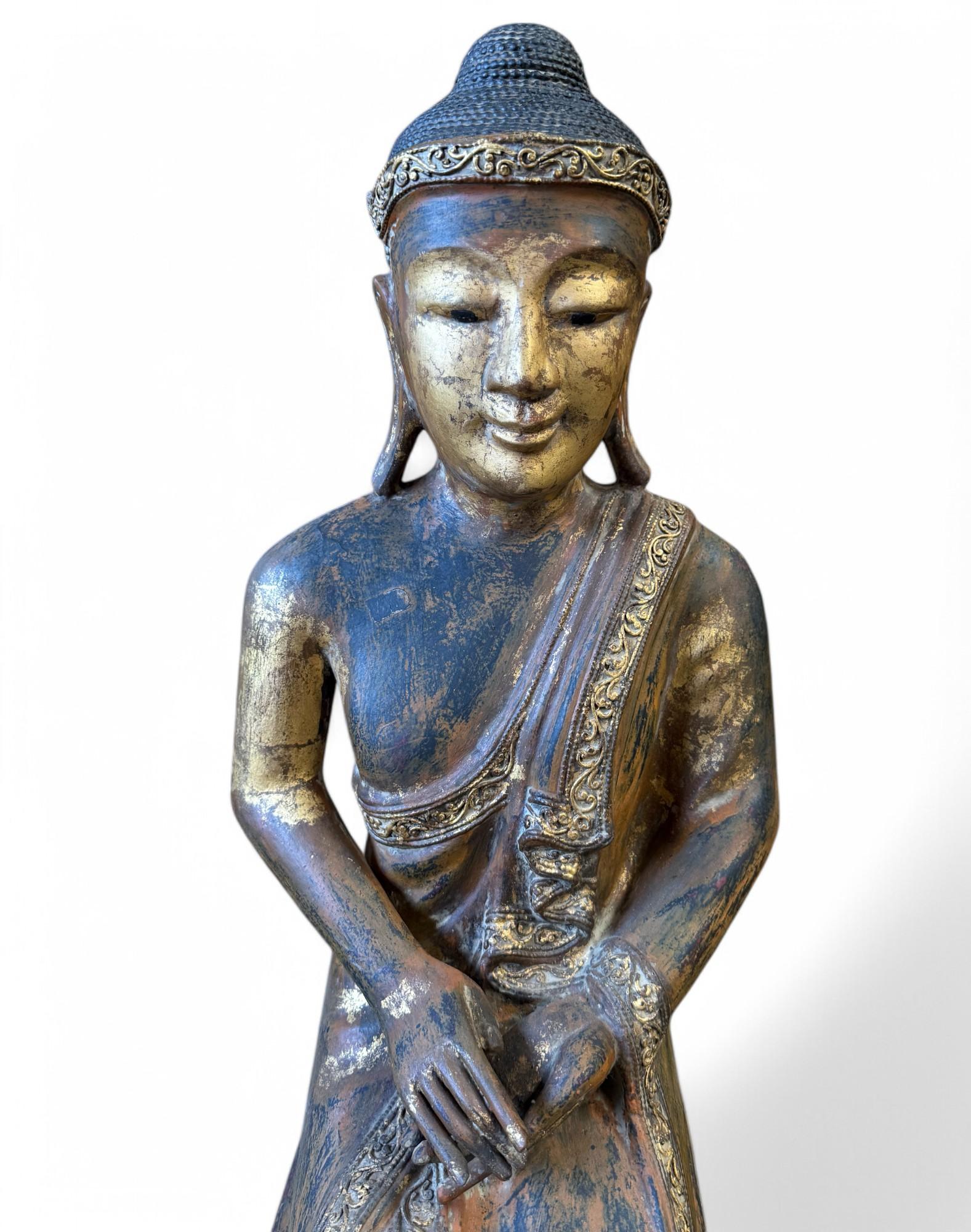Alte Burma Buddha Skulptur Lacquerware teilvergoldet 100 cm