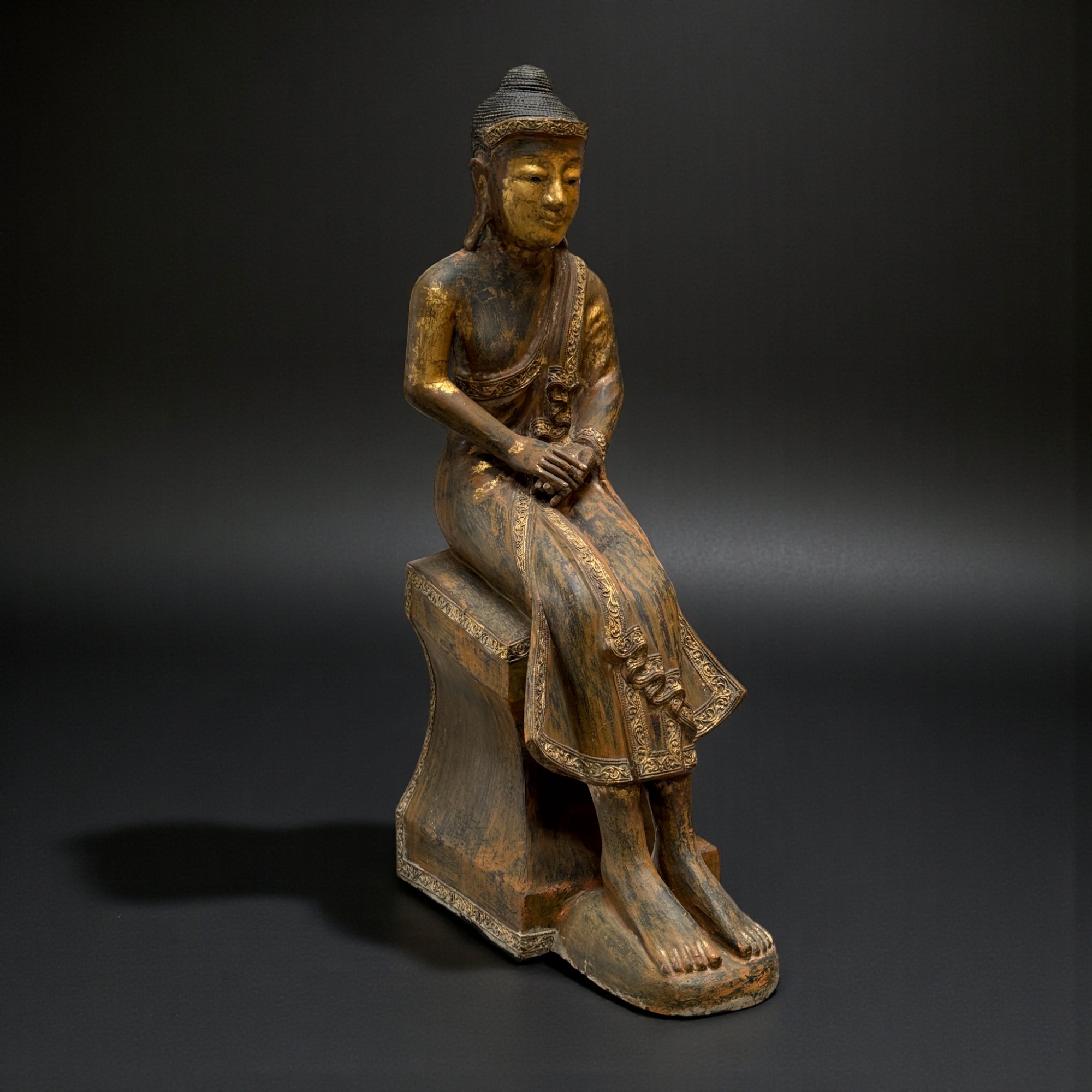 Alte Burma Buddha Skulptur Lacquerware teilvergoldet 100 cm