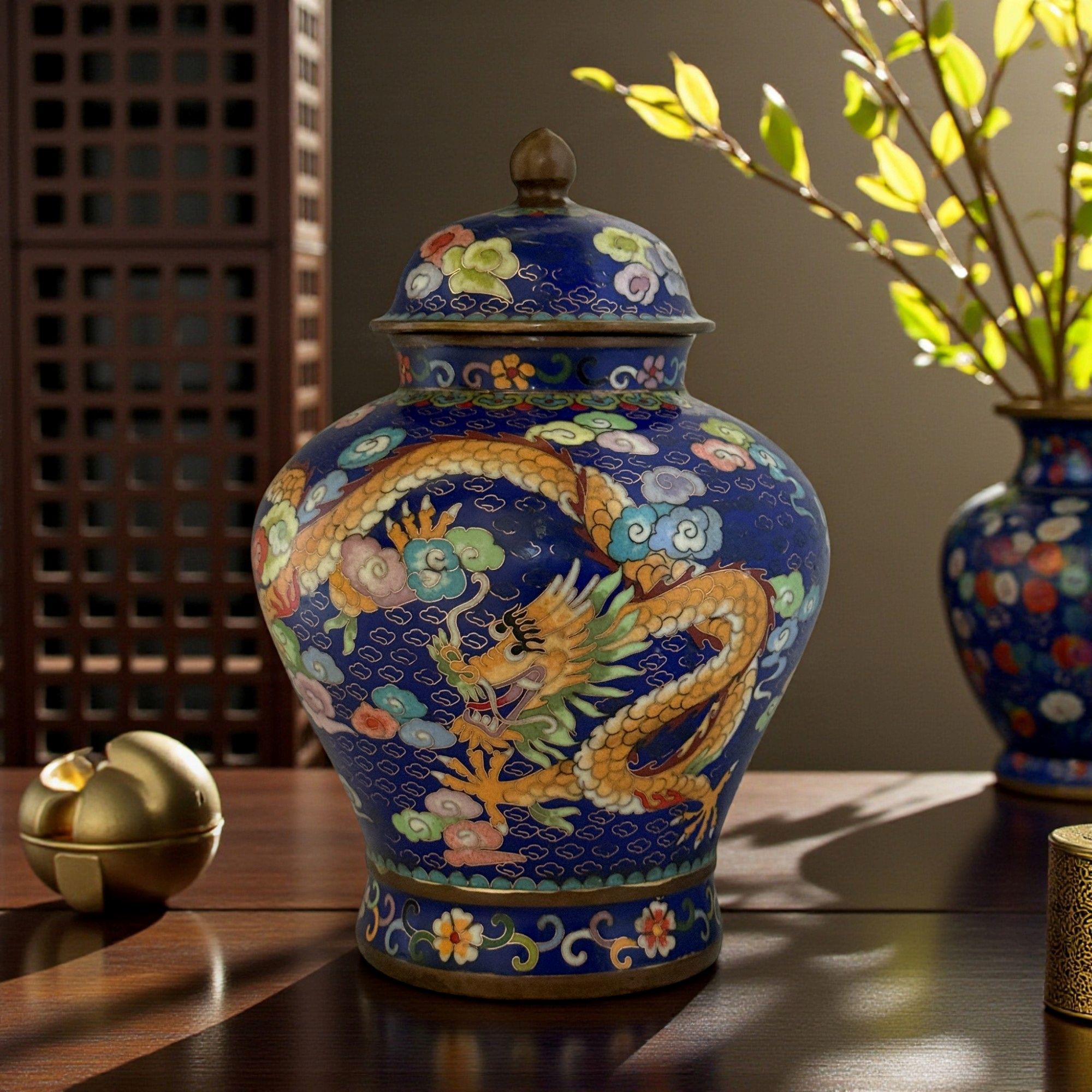 Chinesische Cloisonné Vase Bronze Drache & Phönix
