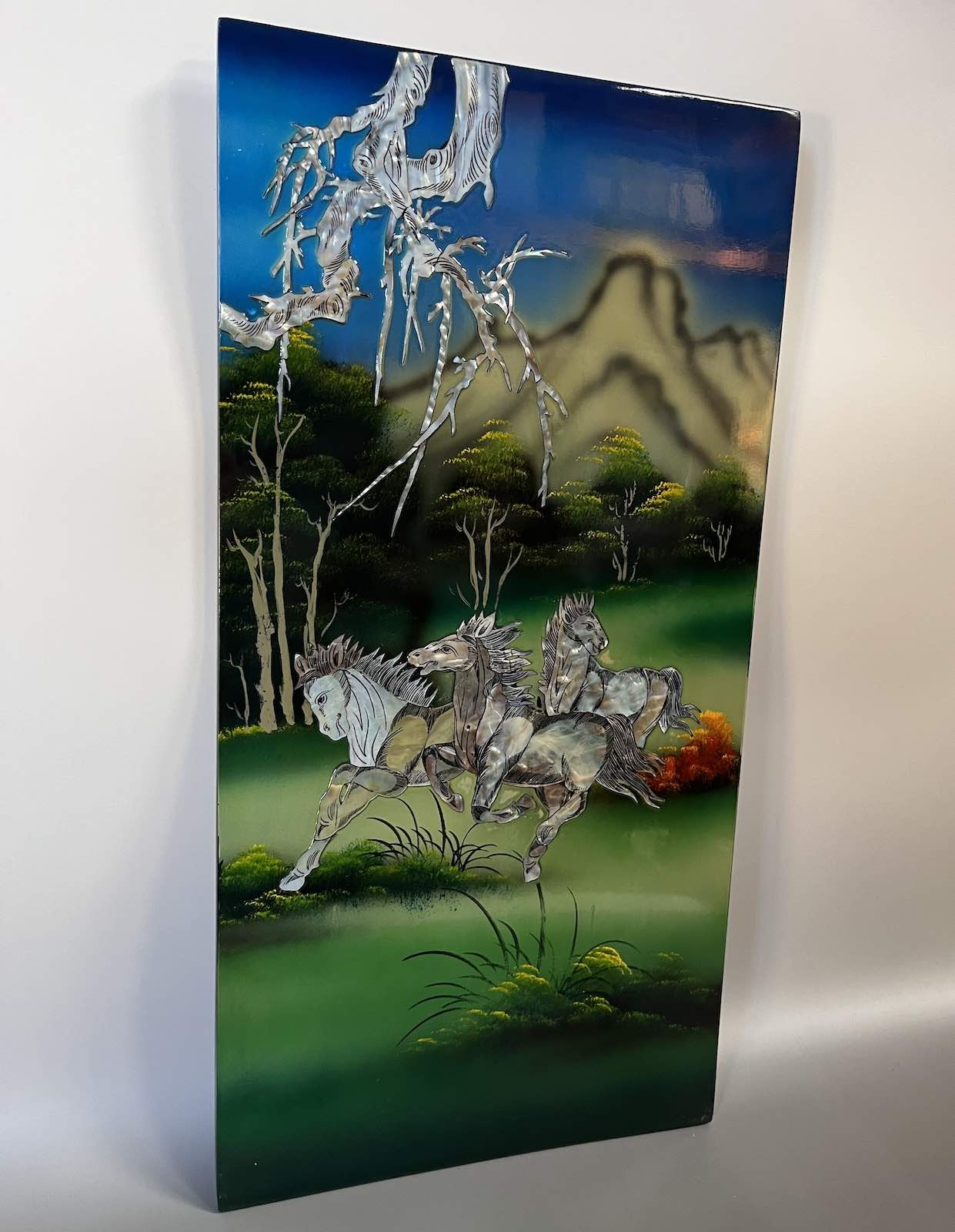 Asiatisches Wandbild Holz Lackbild Perlmutt Wanddeko - Pferde Asiatisches Wandbild Holz Lackbild Perlmutt Wanddeko - Pferde