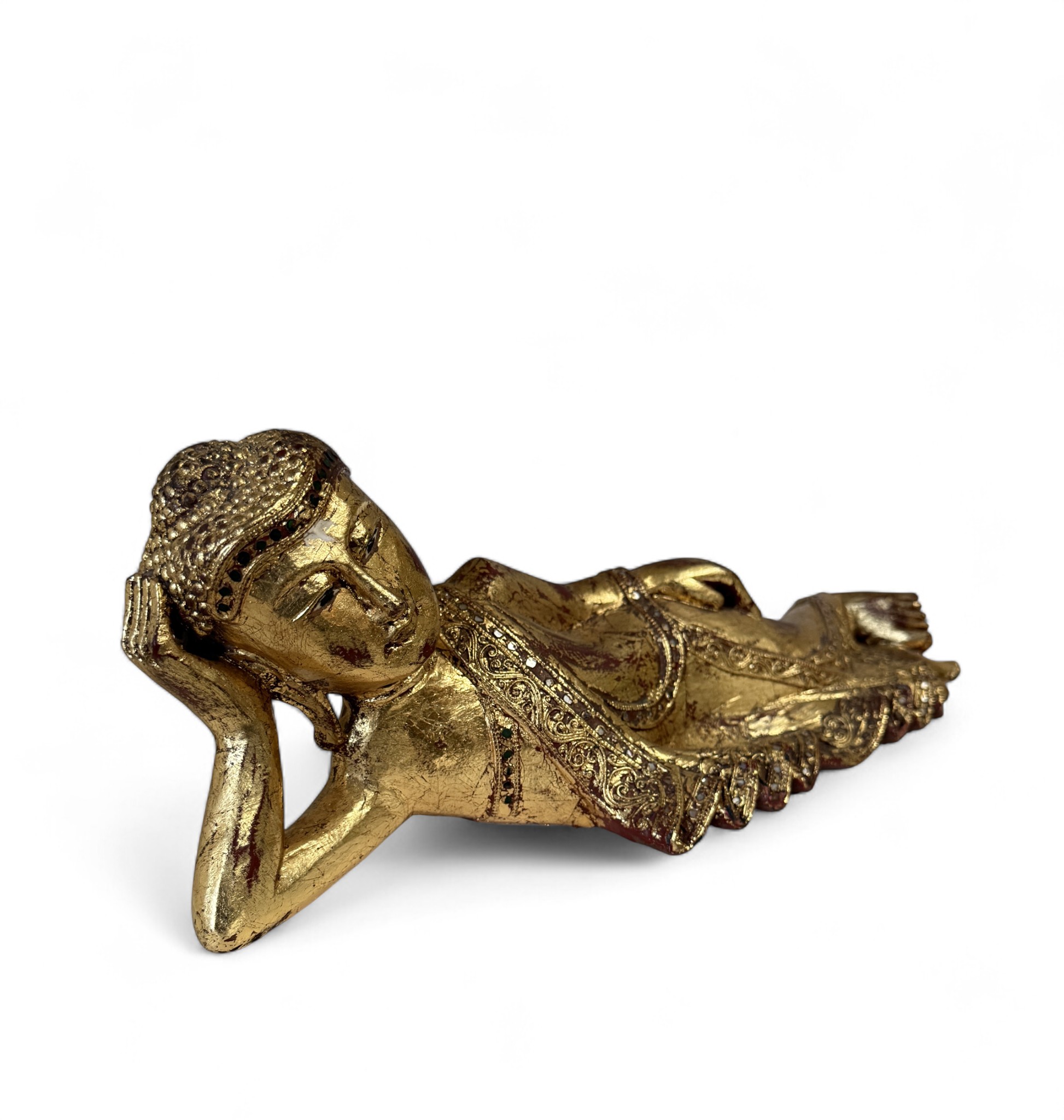 Nirvana Holz Buddha Figur aus Thailand, blattvergoldet