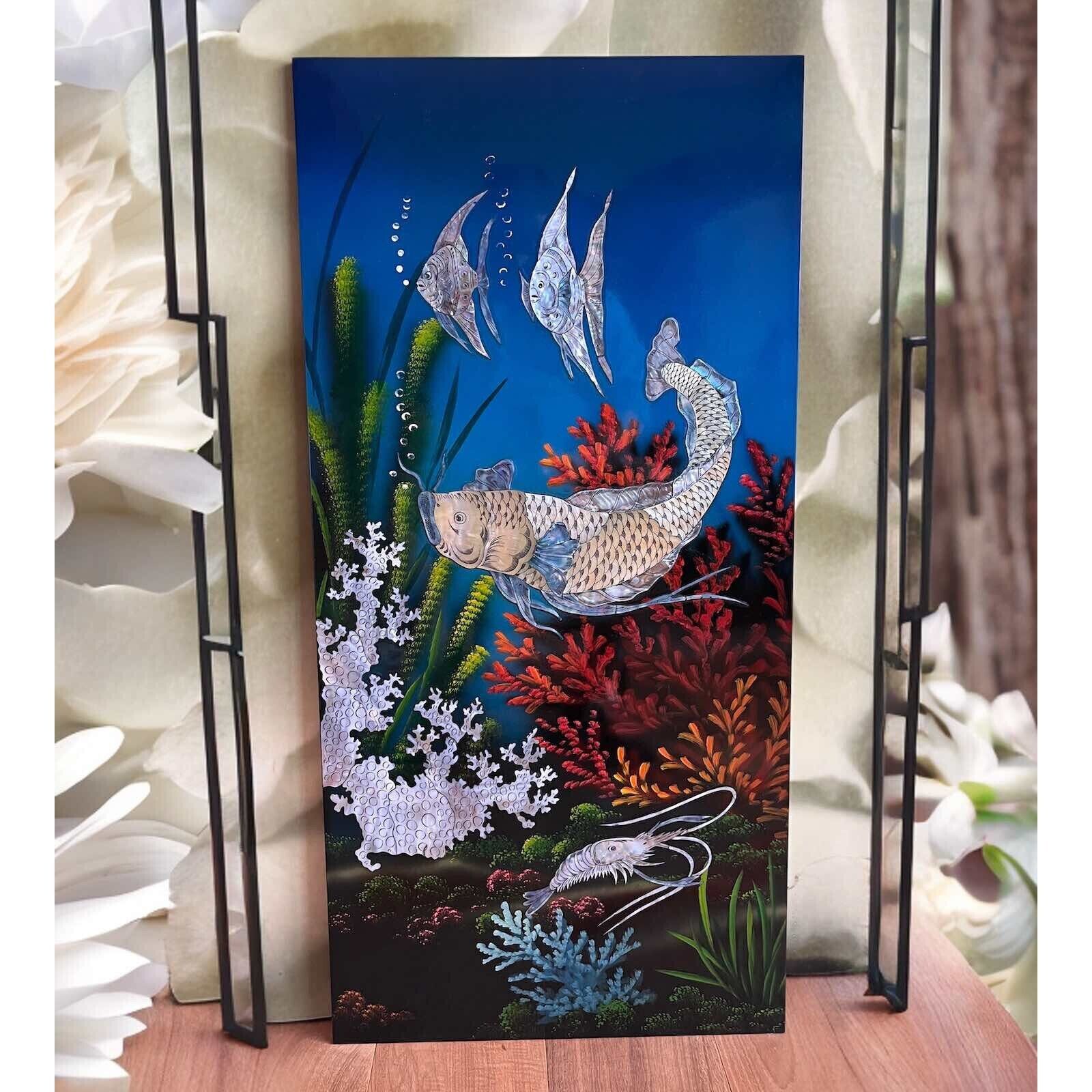 Asiatisches Wandbild Holz Lackbild Perlmutt mit Fische 100 cm