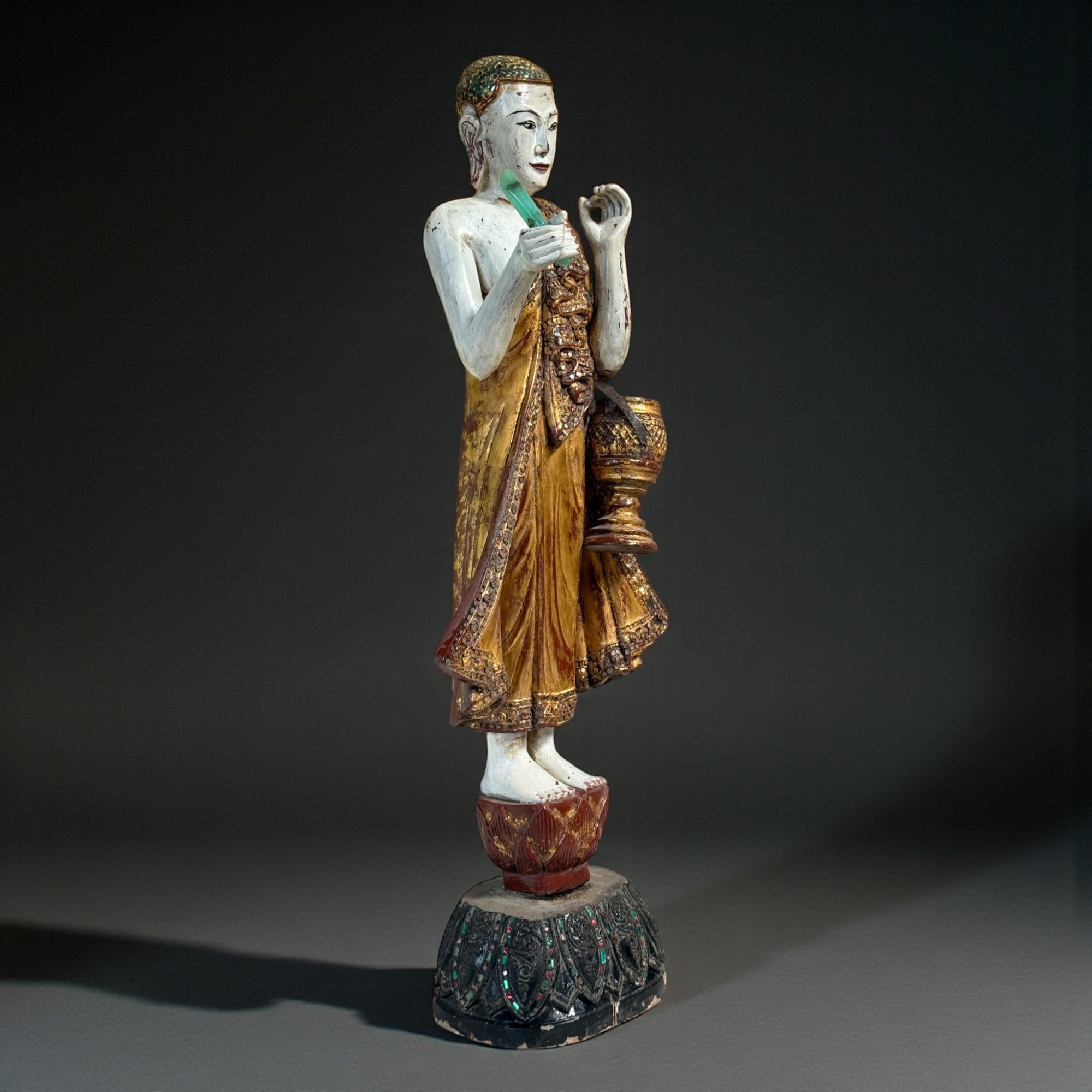 Alter Burma Mönch Holz Figur Trommel Jadestab: Teak Lotussockel Vergoldet 88cm