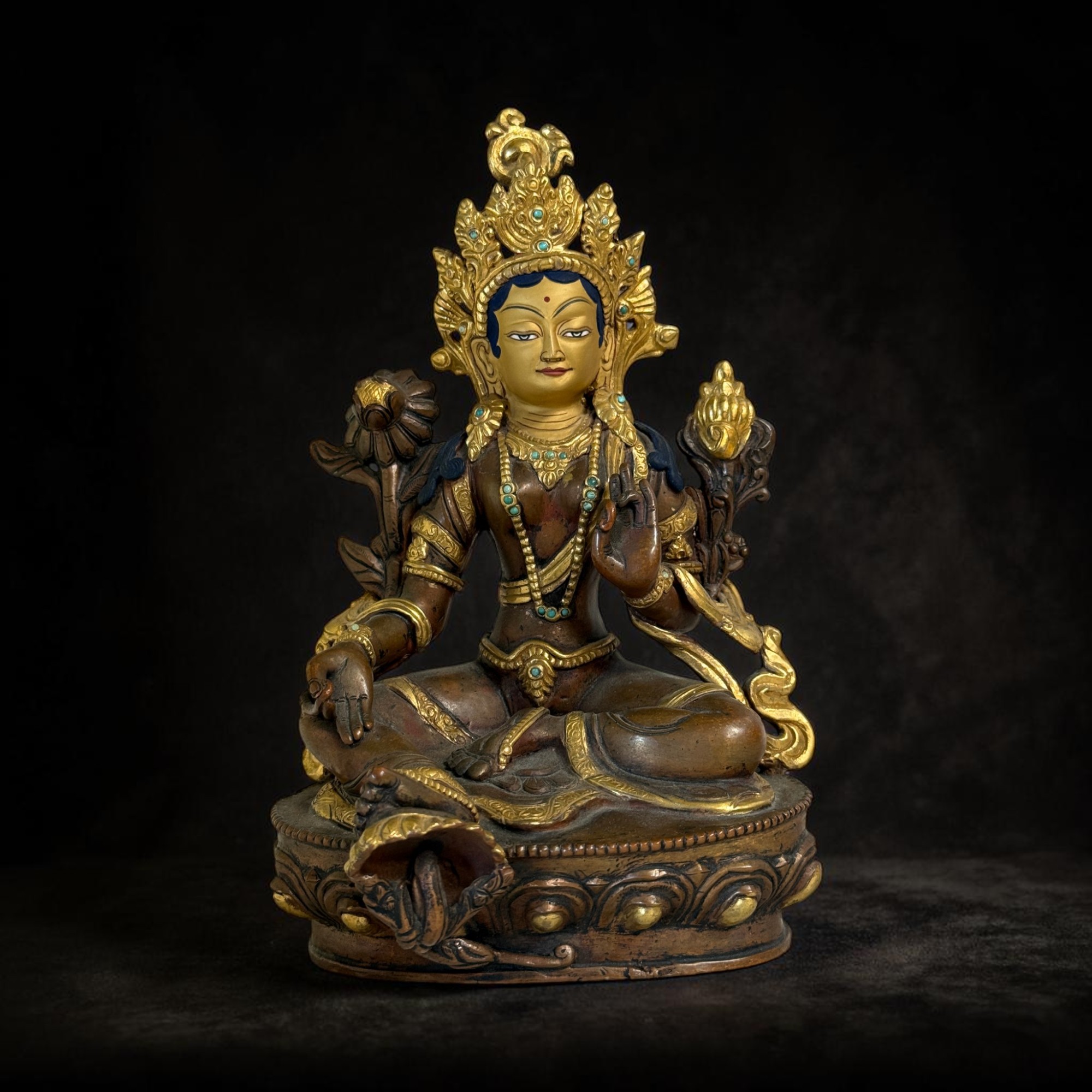 Grüne Tara Bronze Figur Nepal teilvergoldet & Türkissteinchen 21 cm