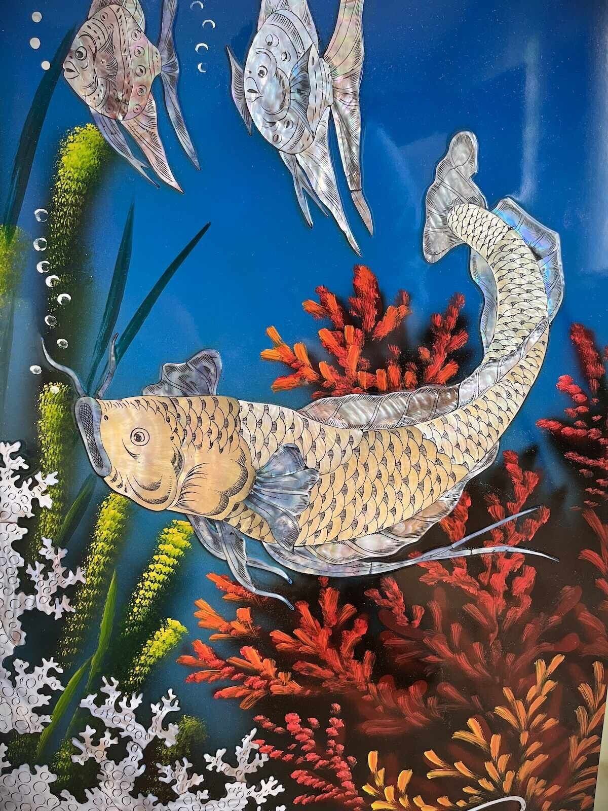 Asiatisches Wandbild Holz Lackbild Perlmutt mit Fische 100 cm