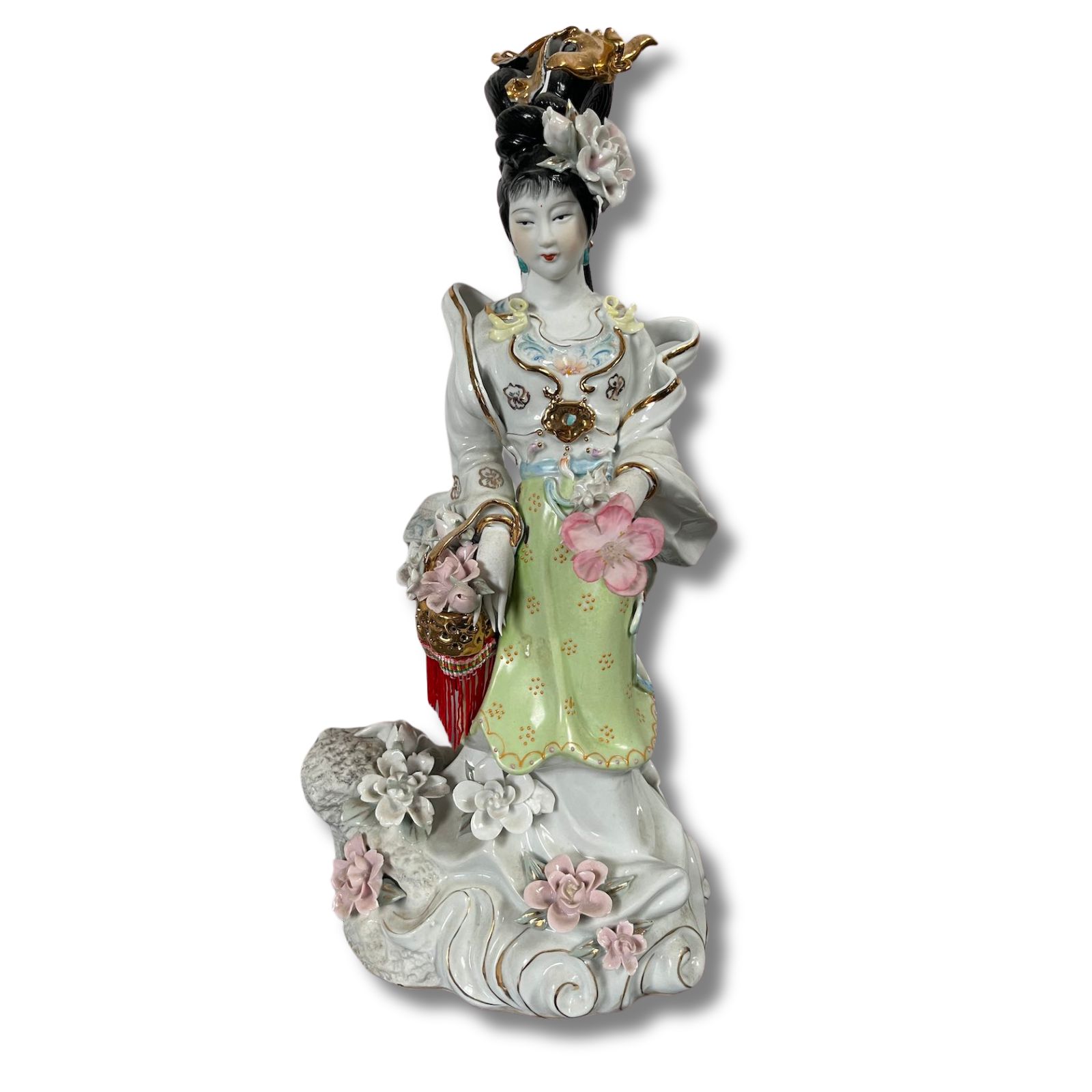 Chinesische Hofdame Porzellan Figur, Blumenschmuck