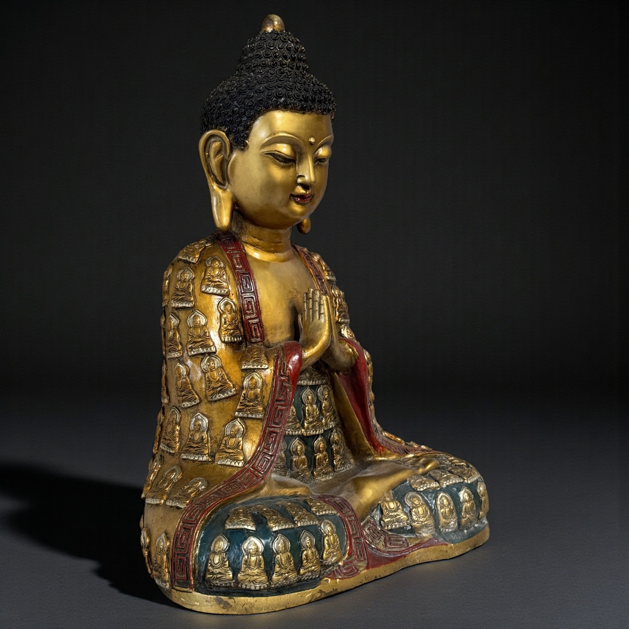 Bronze Buddha Figur – Tibet/China Grenzregion – 41 cm – Anjali Mudra – Verziertes Gewand