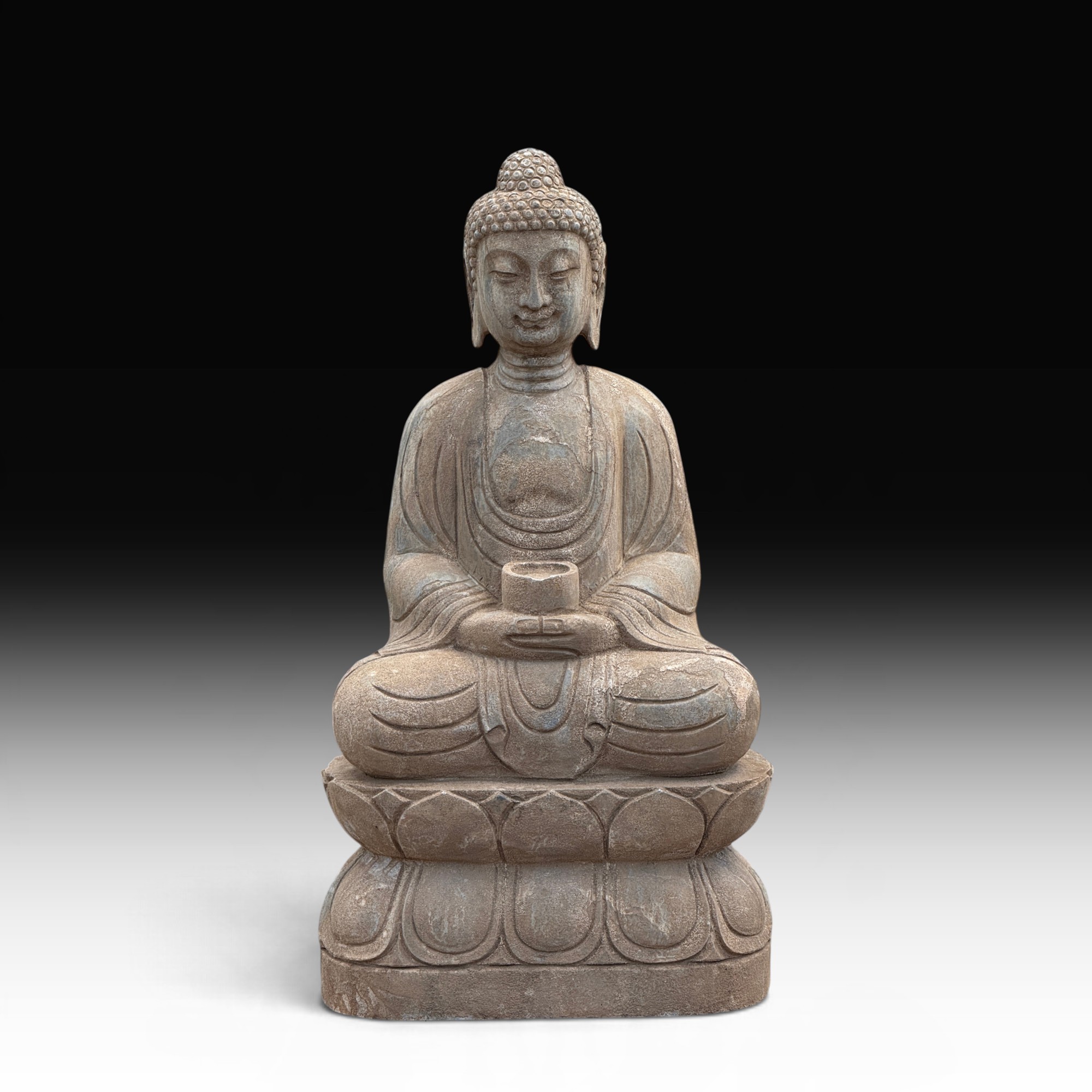 Amitabha Buddha Gartenfigur Naturstein (Bluestone), sitzend, frostfest, 79 cm