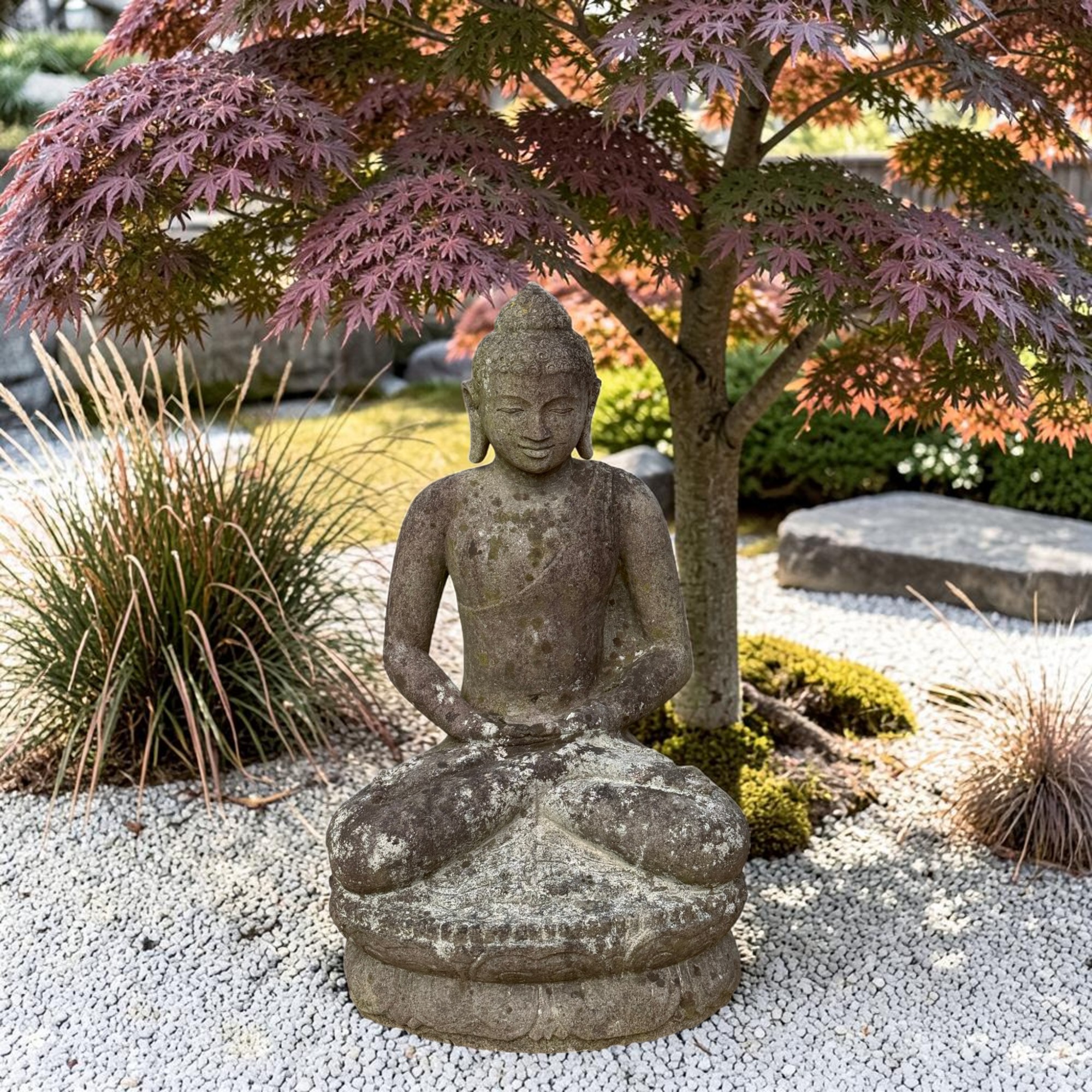 Flussstein Buddha Statue Java Borobudur Stil – Handgeschlagene Steinfigur 81 cm