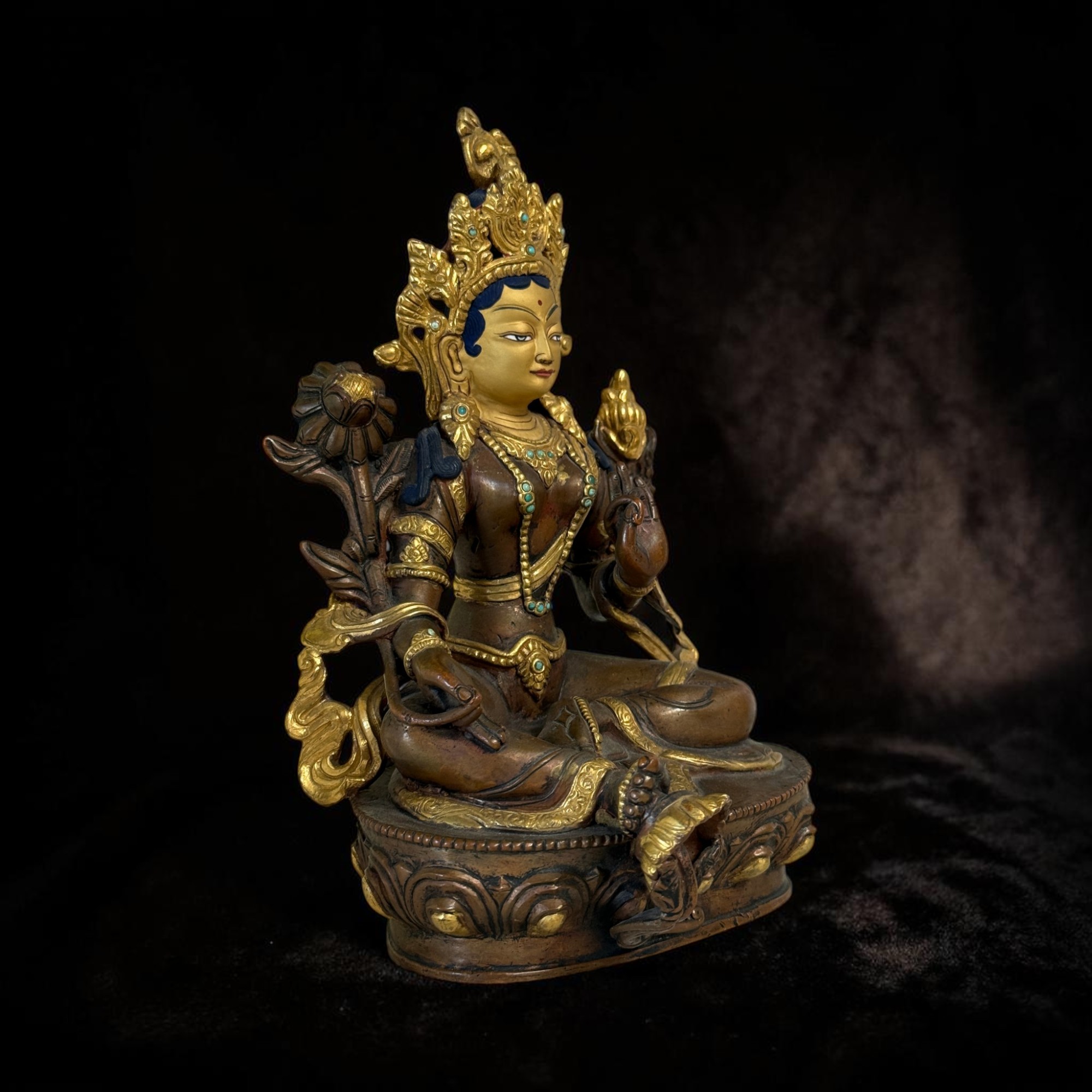 Grüne Tara Bronze Figur Nepal teilvergoldet & Türkissteinchen 21 cm