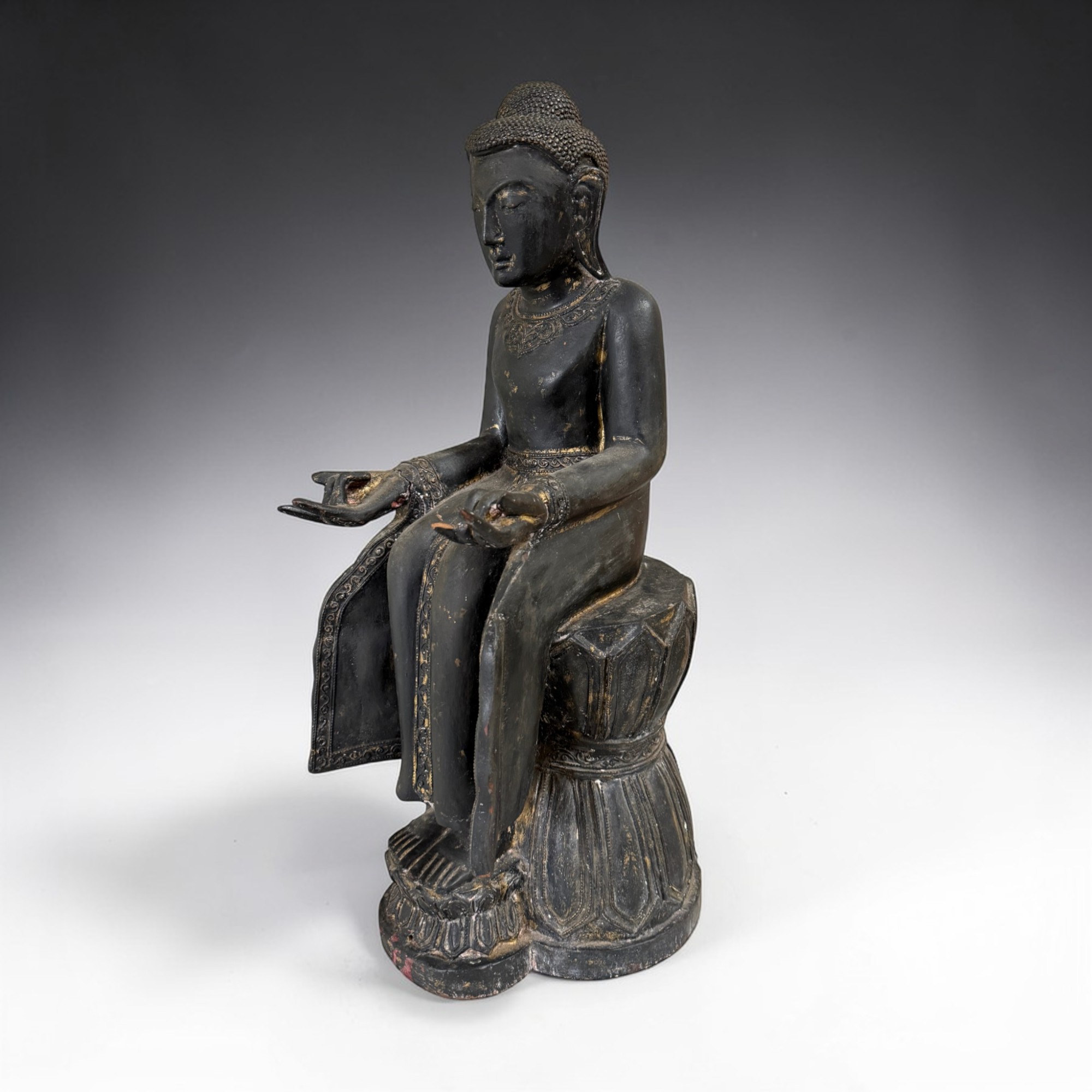 Maitreya Buddha Burma Teakholz 61cm Seltene Sitzhaltung Alte Figur Münchner Erbe