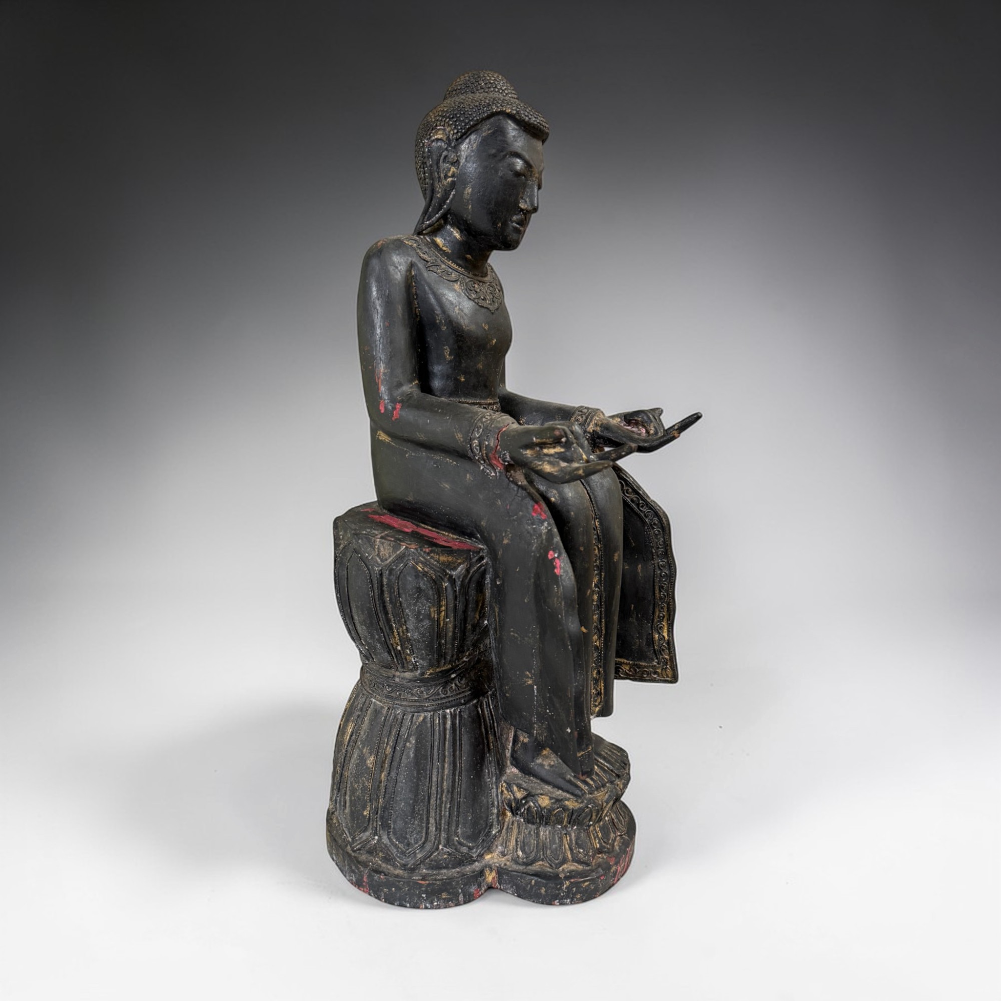 Maitreya Buddha Burma Teakholz 61cm Seltene Sitzhaltung Alte Figur Münchner Erbe