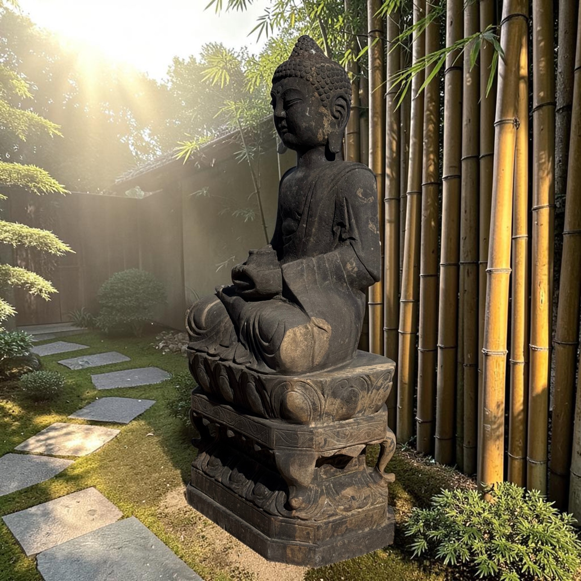 Garten Buddha Statue Naturstein Skulptur Amitabha 79cm Bluestone alter Zustand