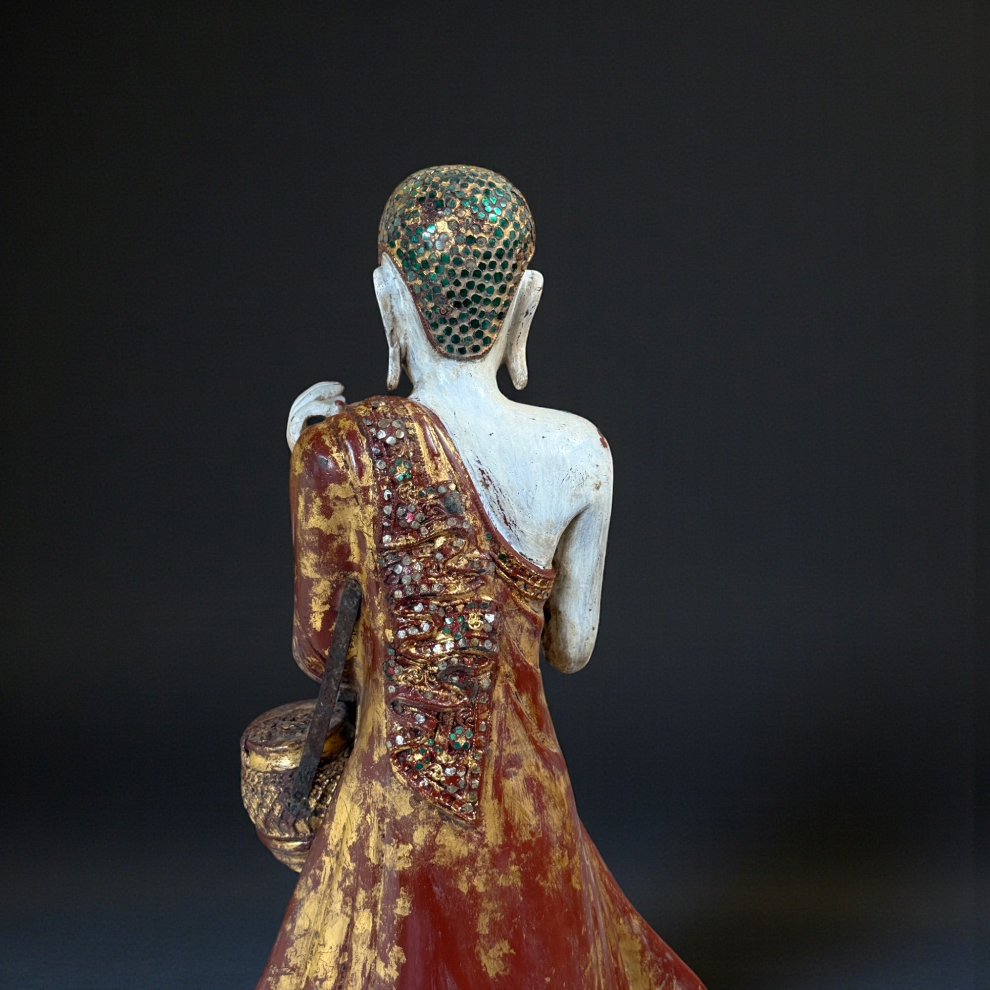 Alter Burma Mönch Holz Figur Trommel Jadestab: Teak Lotussockel Vergoldet 88cm