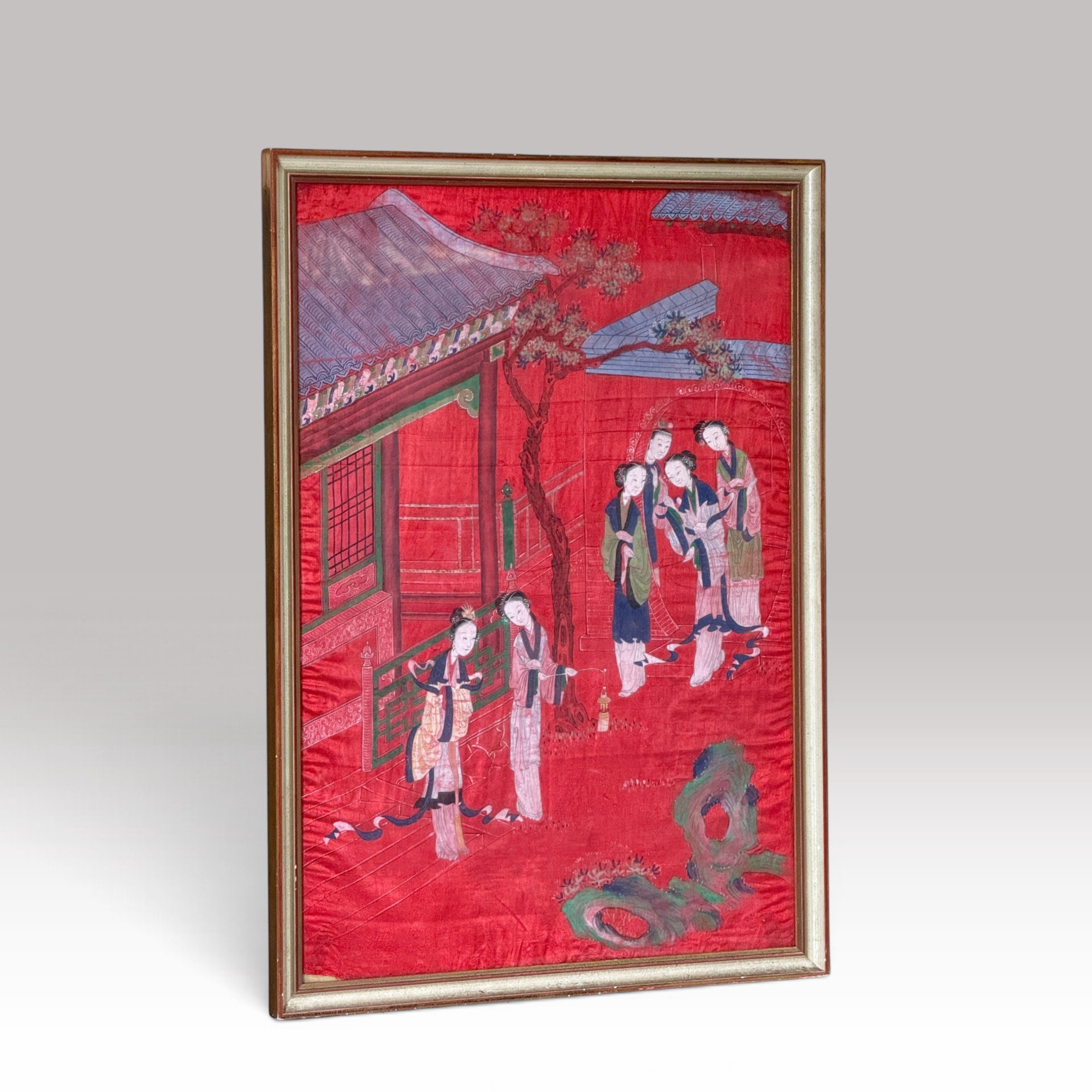 Chinesische Malerei auf Seide – Hofdamen im Palastgarten, gerahmt, 65 x 46 cm