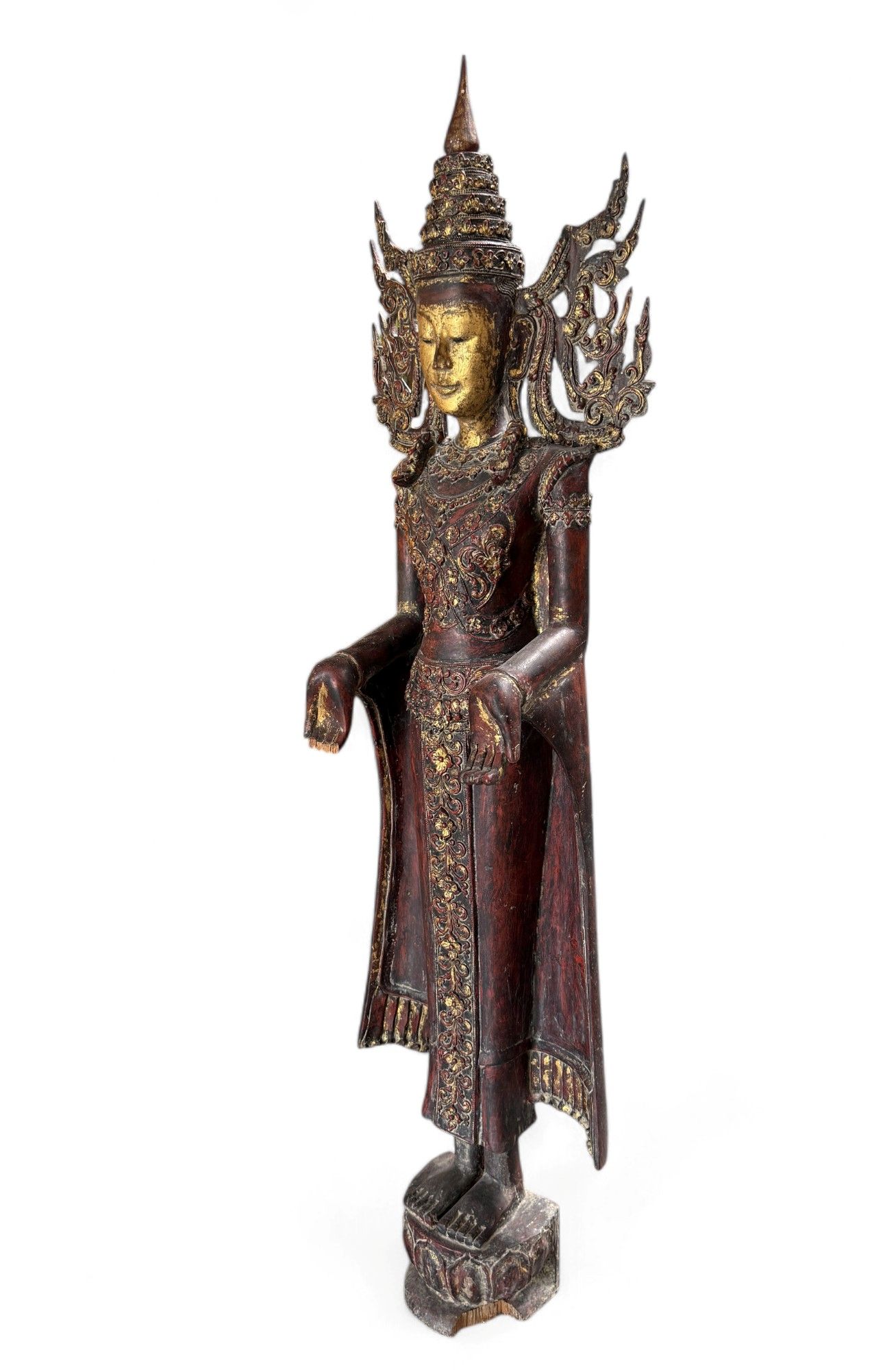 Königs-Buddha Statue Birma Teak Holz Skulptur Wunschgewährungs Geste