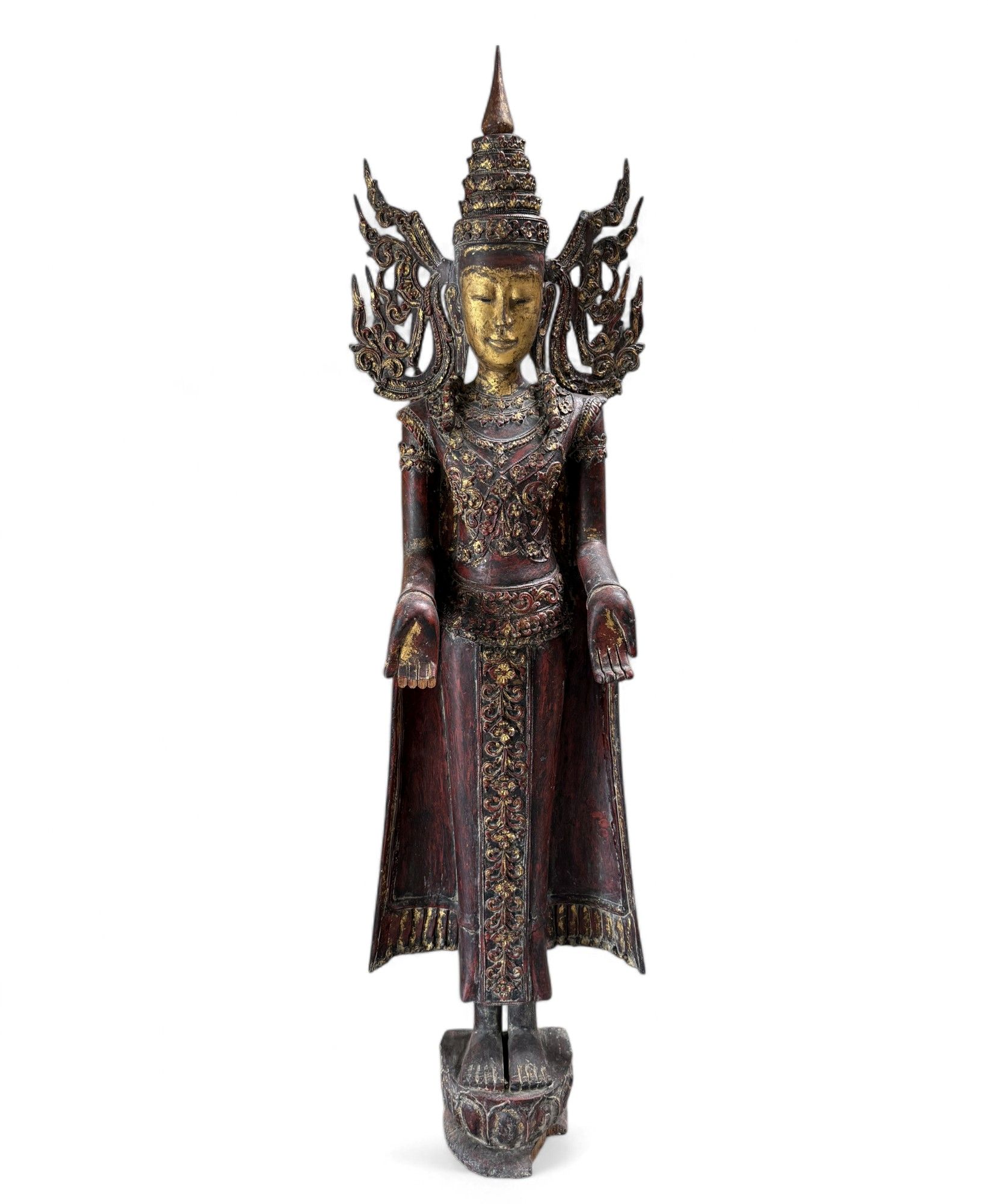 Königs-Buddha Statue Birma Teak Holz Skulptur Wunschgewährungs Geste