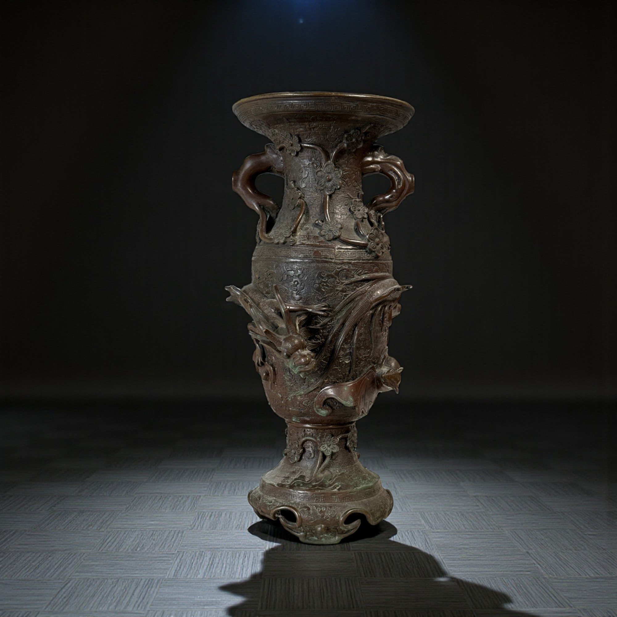Alte China Bronze Vase Drache Fledermaus: Chinesische Prunkvase Alt 42cm
