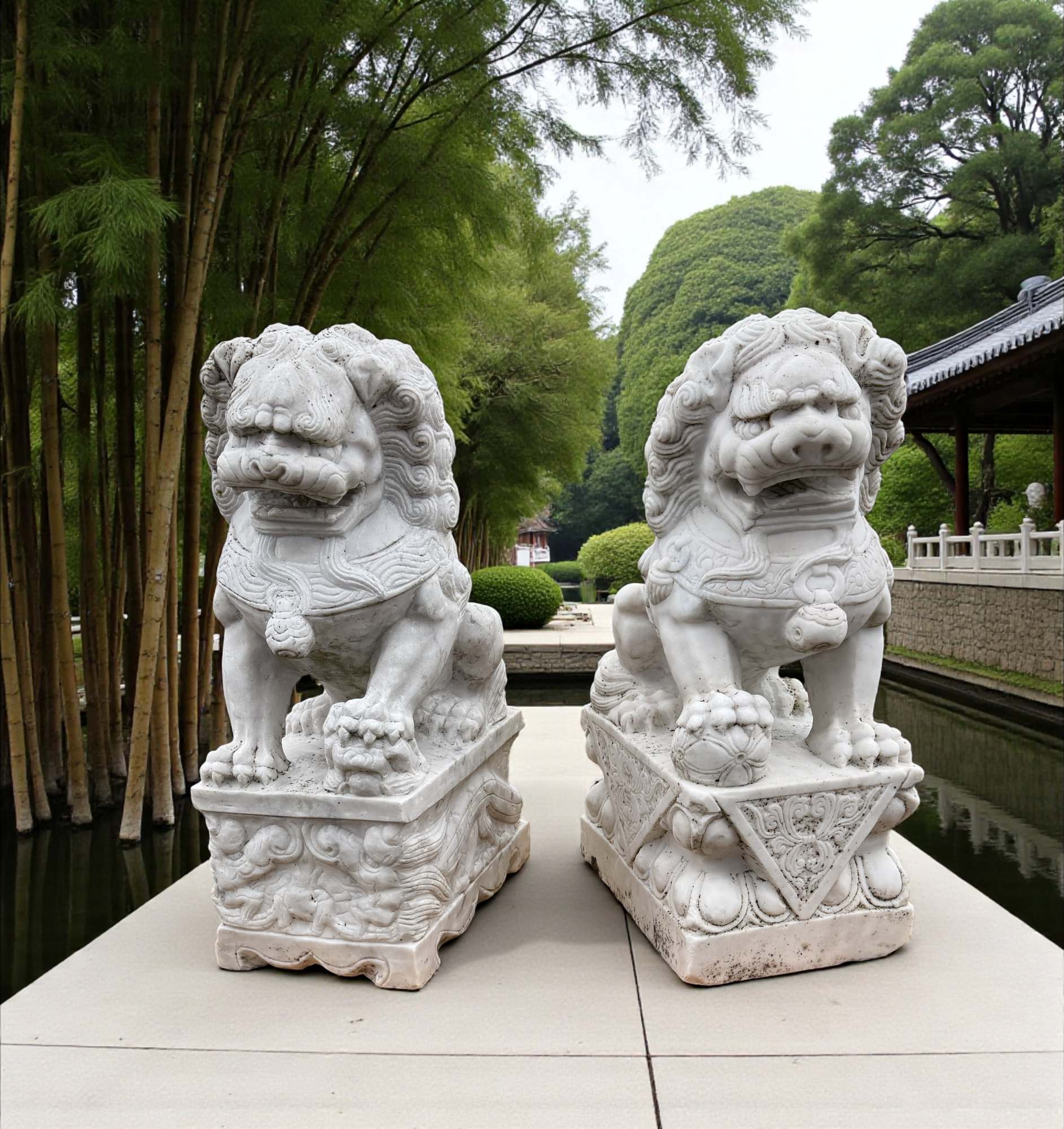Chinesische Tempellöwen aus Marmorstein - Fudogs