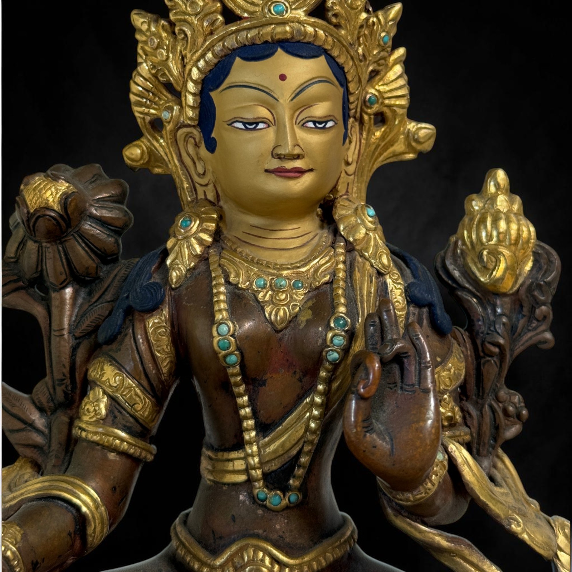 Grüne Tara Bronze Figur Nepal teilvergoldet & Türkissteinchen 21 cm