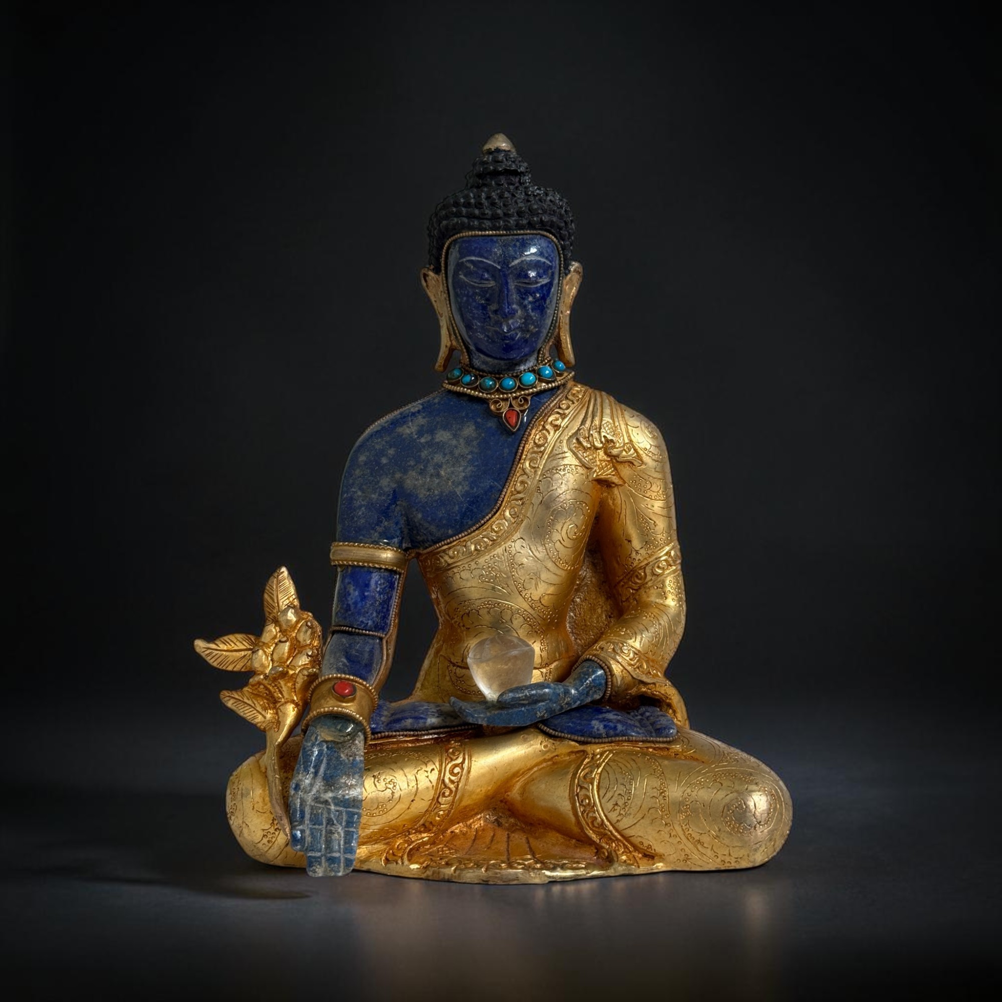 Medizin Buddha Figur Bronze Feuervergoldet mit Lapislazuli – 22cm