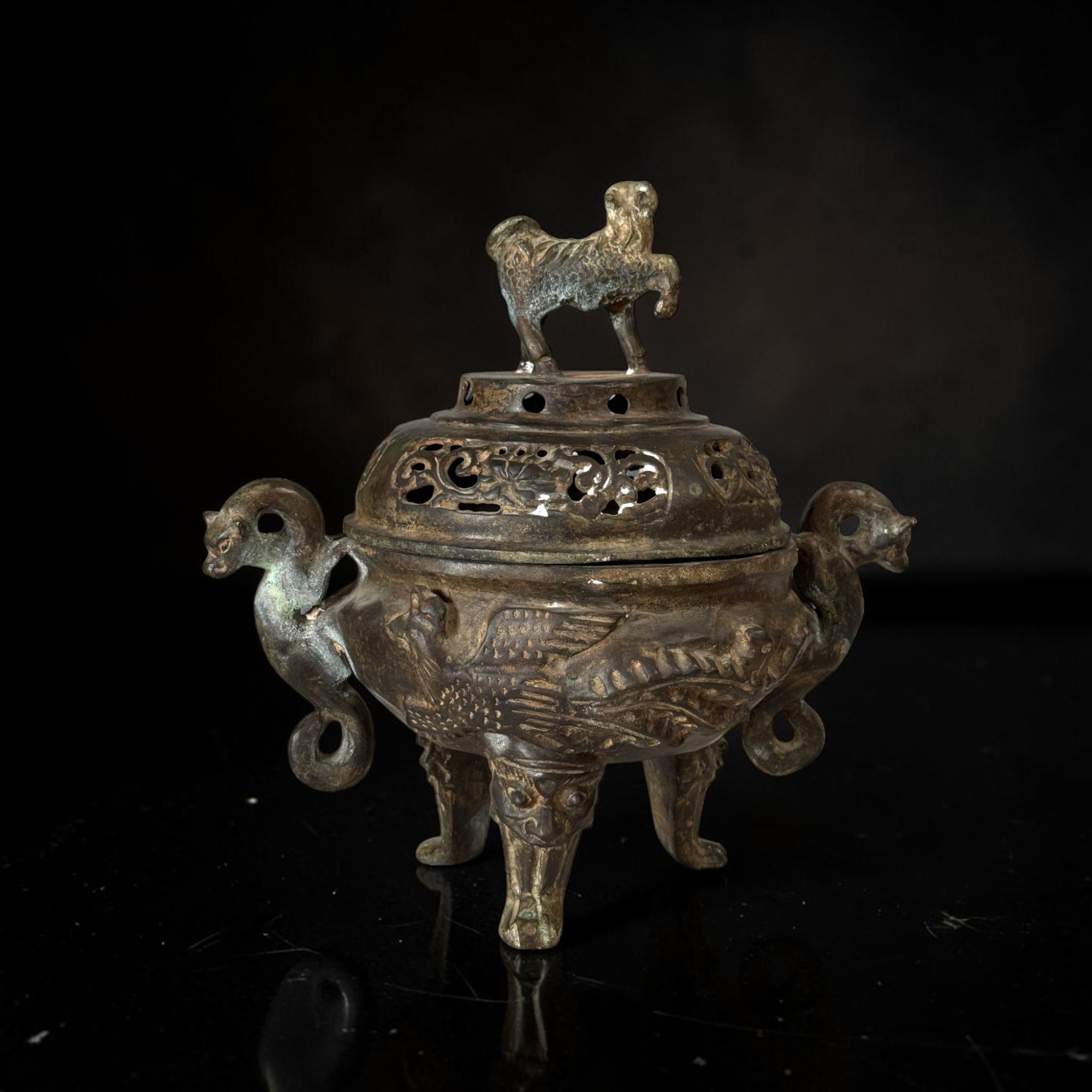 Altes chinesisches Räuchergefäß Bronze Eisen Drachen & Phönix