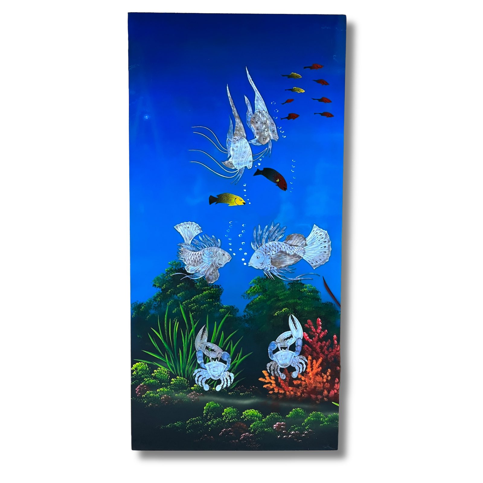 Asiatisches Wandbild Holz Lackbild Perlmutt mit Fische 100 cm