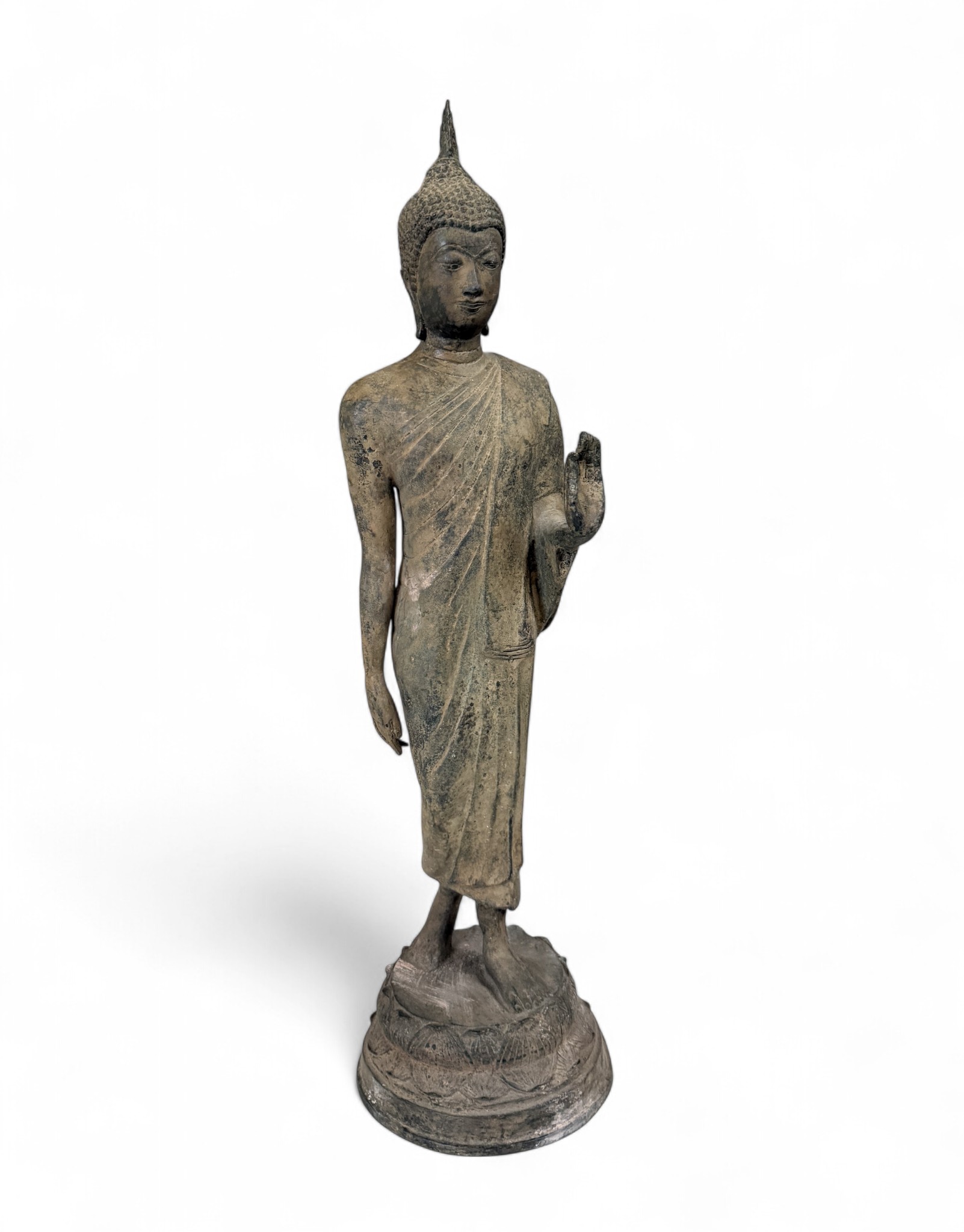 Walking Buddha aus Bronze – Thailand – 65,5 cm – Alte Bronzefigur aus deutscher Sammlungsauflösung