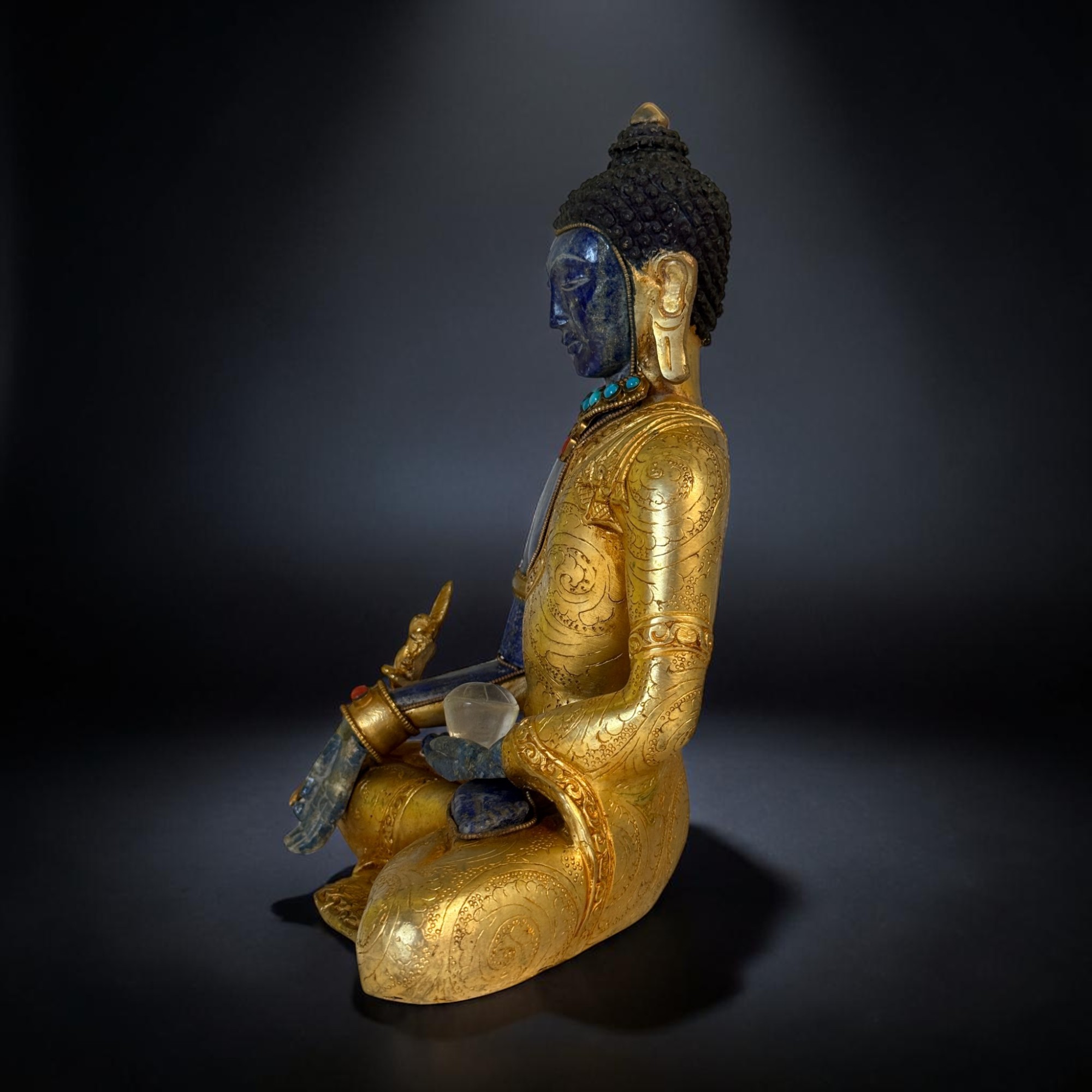 Medizin Buddha Figur Bronze Feuervergoldet mit Lapislazuli – 22cm