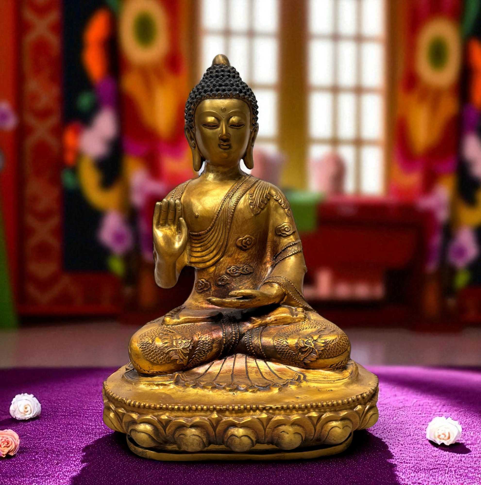 Bronze-Buddha 44 cm – Schutzgeste & Drachen – Sichuan China