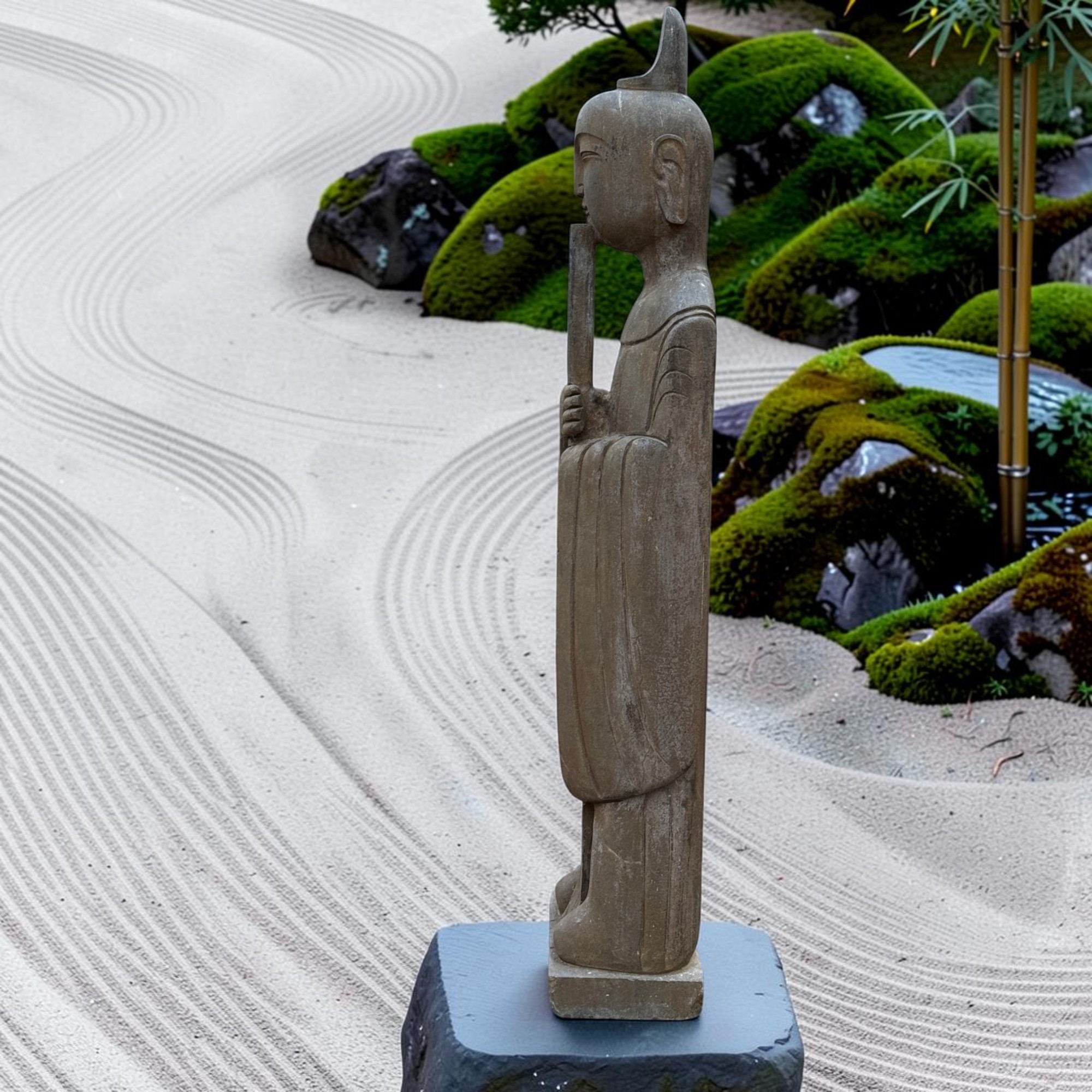 Chinesischer Gelehrter mit Bambusflöte Naturstein Garten Statue 121cm