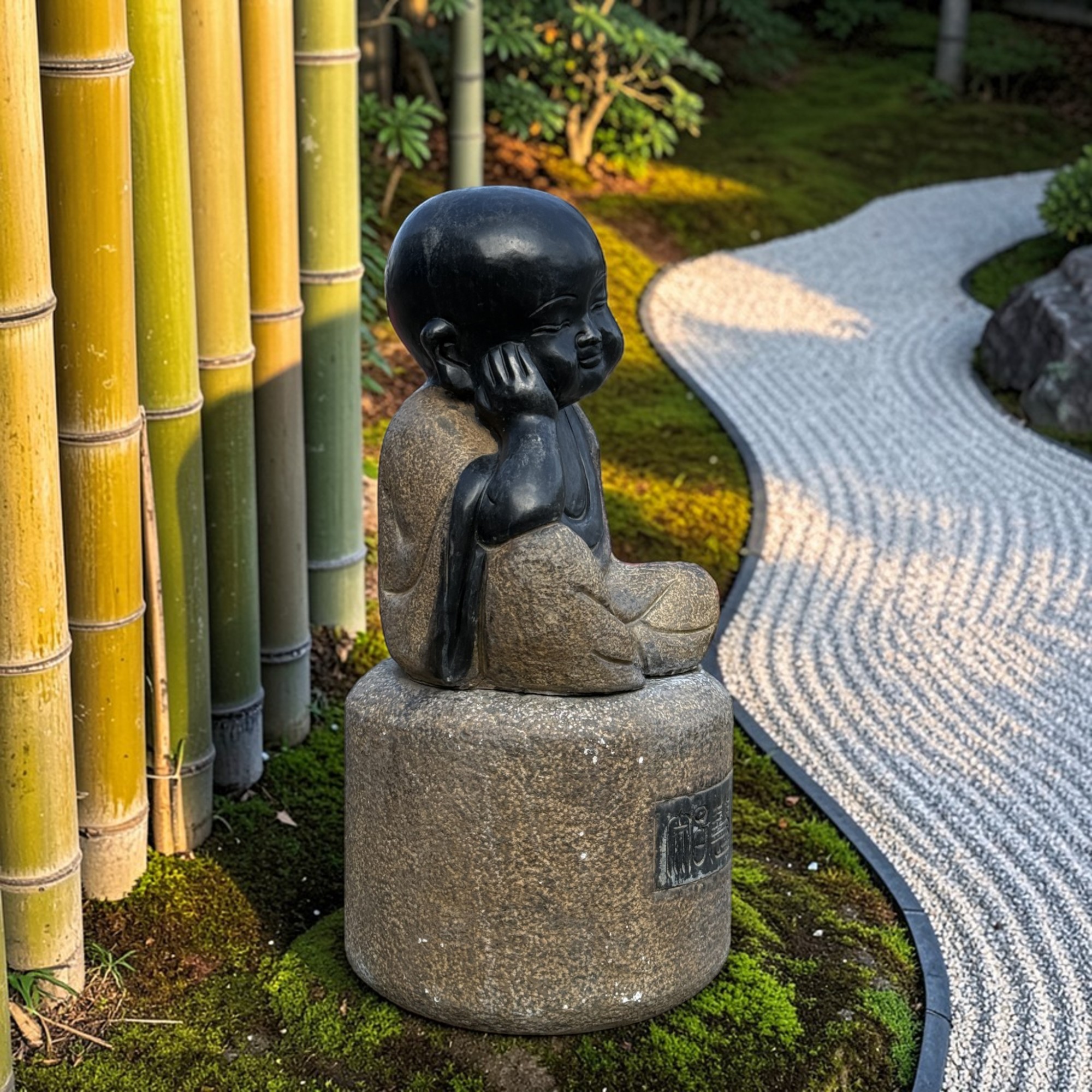 Zen Mönch Skulptur aus Naturstein – Sitzende Gartenfigur (62 cm, 70 kg)
