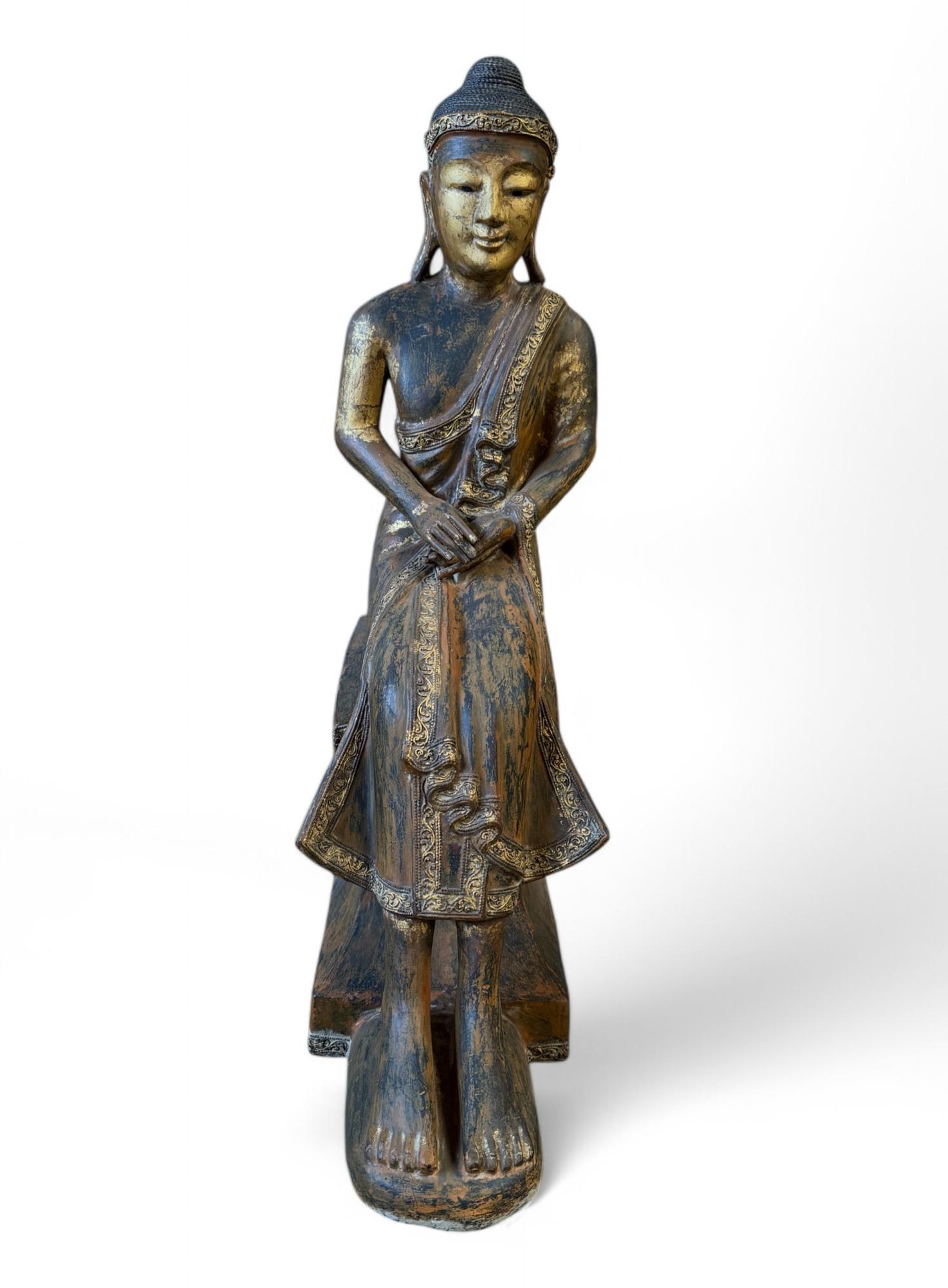 Alte Burma Buddha Skulptur Lacquerware teilvergoldet 100 cm